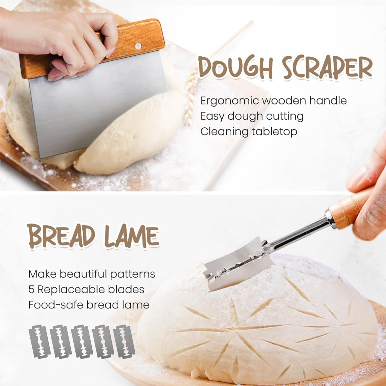 Panier à pain rond en rotin avec doublure en lin - 22 cm - 100 % rotin naturel - Pour levain - Comprend un coupe-pâte, un coupe-pain, pour boulangers professionnels et amateurs