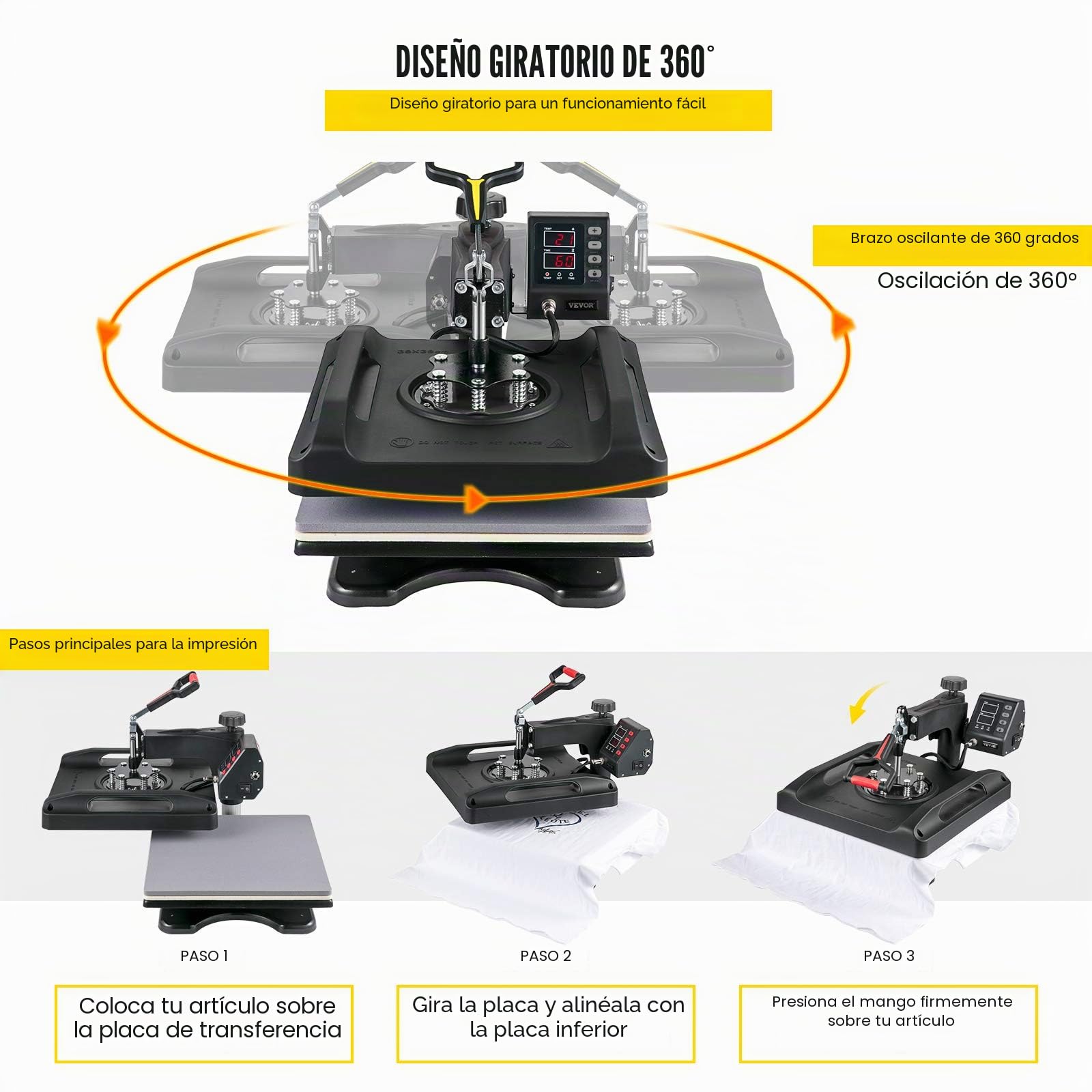 VEVOR Prensa de Calor 8 en 1 Placa 38 x 38 cm Máquina de Prensa de Calor Negra 1000 W Giratoria de 360 Grados Pantalla Digital Prensa de Transferencia para Camiseta Taza Sombrero Tapa