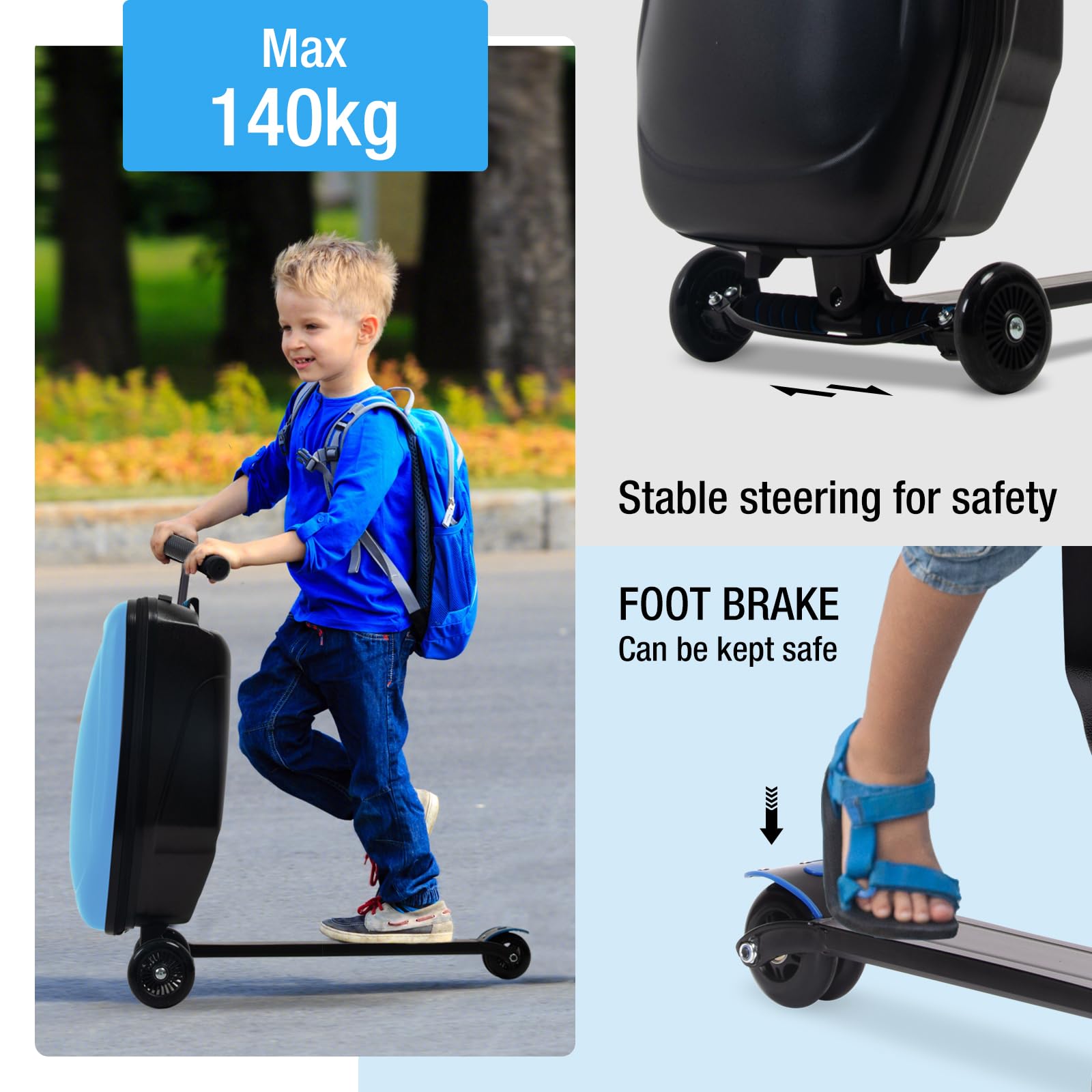 Equipaje para scooter, 2 en 1, plegable, rígido, para patinete de 4 a 15 años, equipaje ligero multifuncional, Azul (New Blue), Patinete multifuncional para viaje