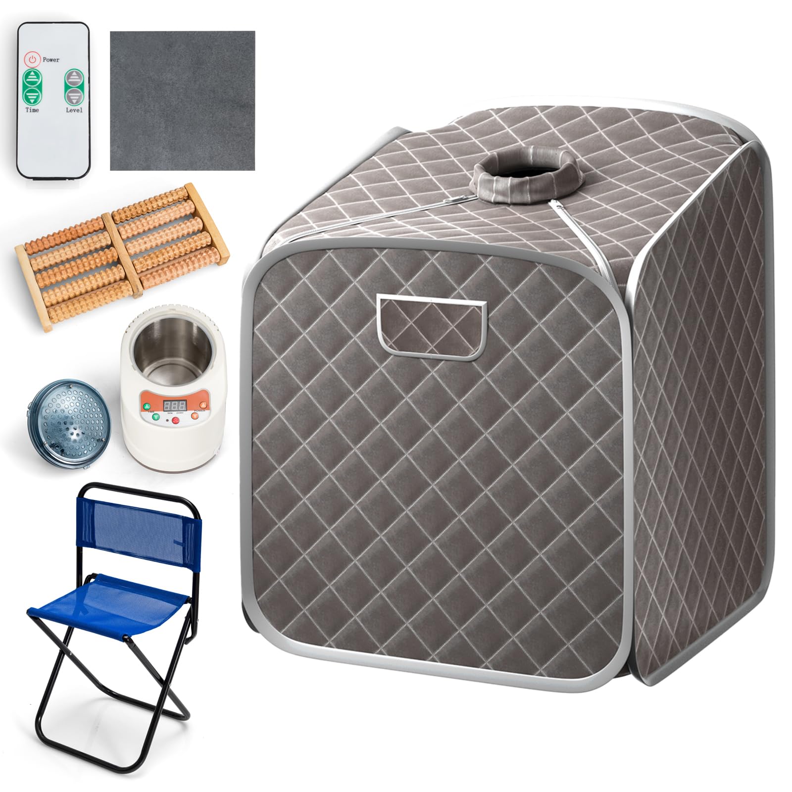 RELAX4LIFE Portable Steam Sauna, Folding Full Body Spa Sauna Tent with 9 Levels Temperature, Timer, 1000W Generator, Chair & Foot Massage Roller, Personal Slimming Detox Therapy Sauna Cabin (Grey)