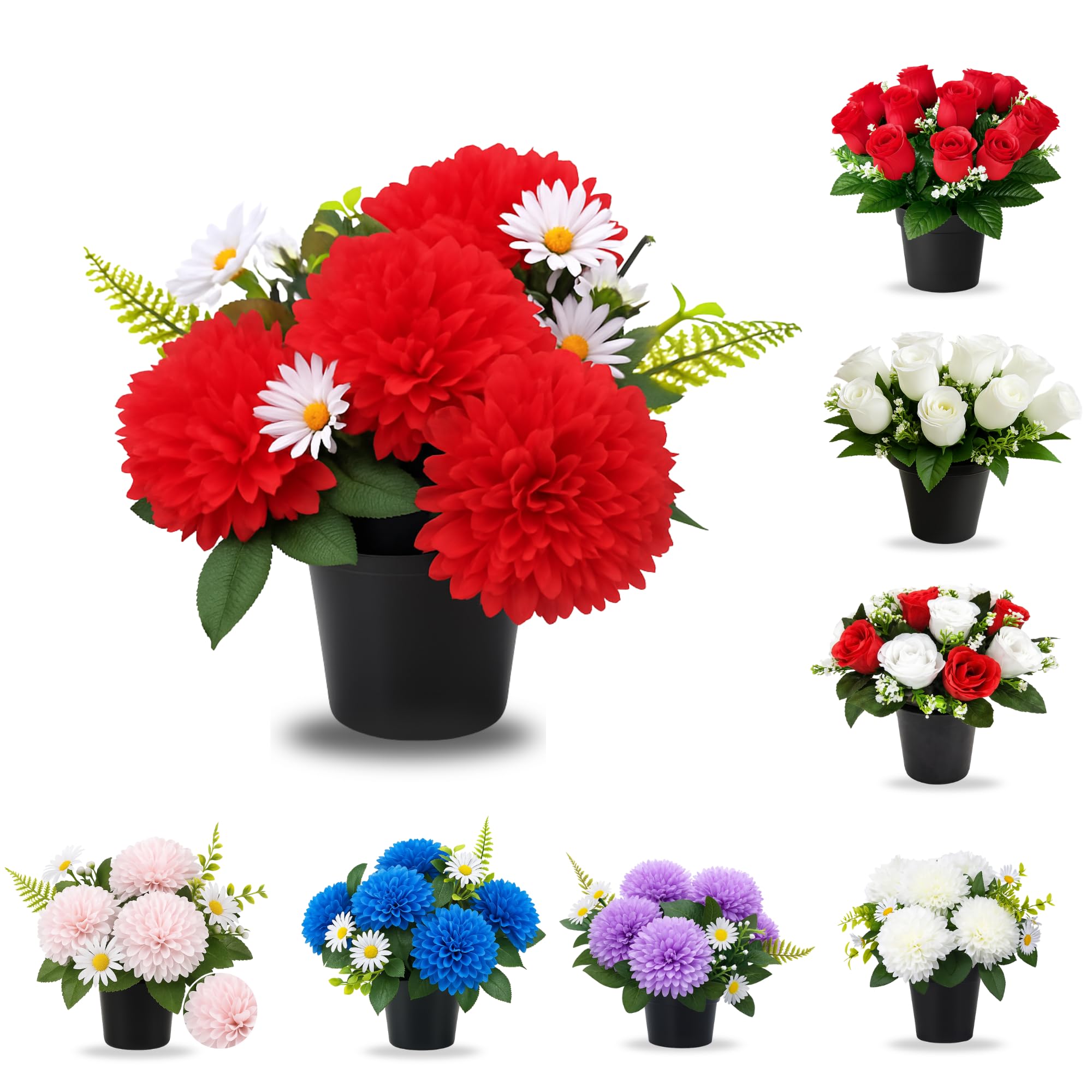 AMERISE 25cm Red Artificial Grave Flowers in Pot – Weatherproof Chrysanthemums for Cemetery & Funeral Memorials | Outdoor Plastic Flower Pot for Graveside Decorations UK — image 1