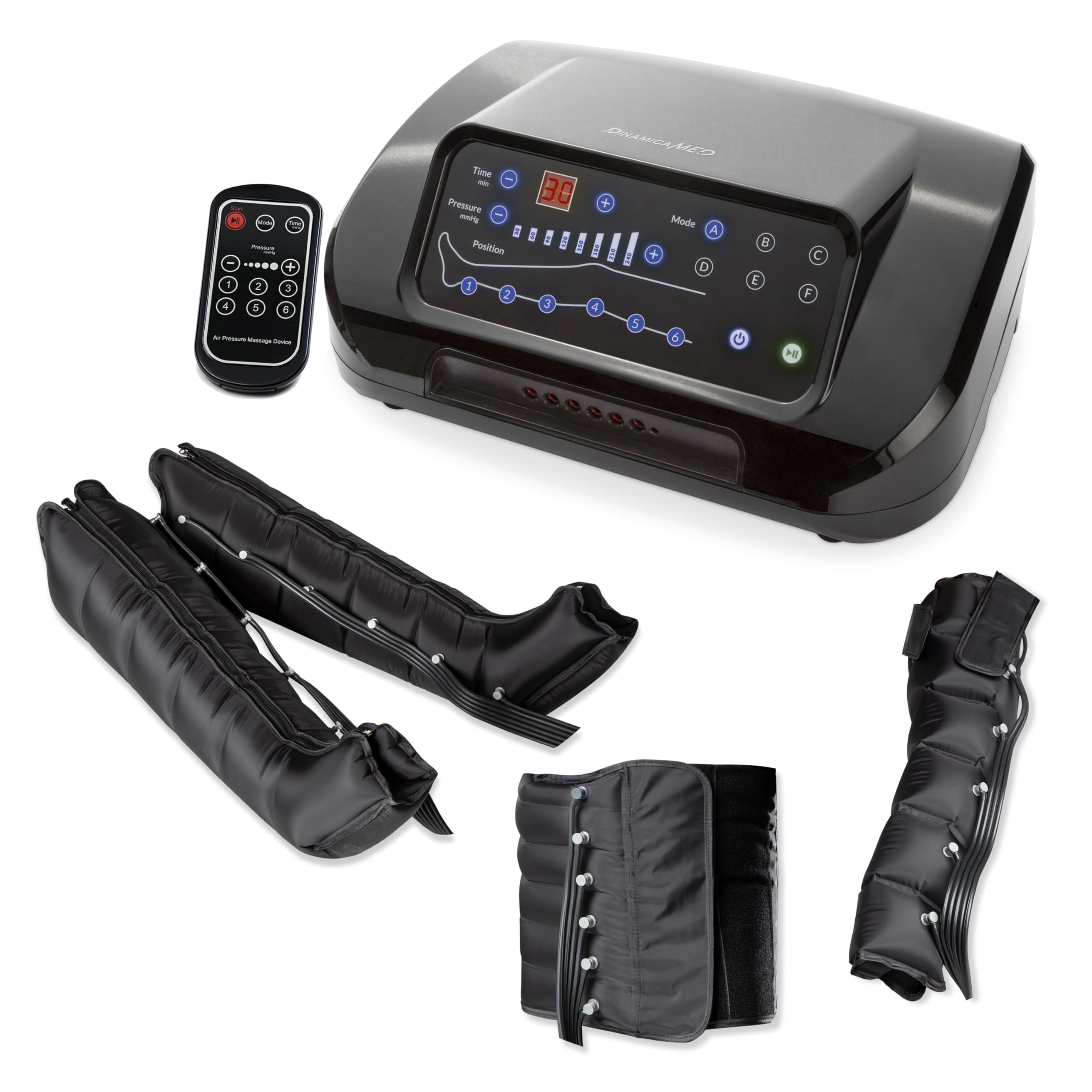 Dinamicamed | PRO 6.0 Beinmassagegerät | 6 Luftkammern| 6 Programme, Beinmanschetten, Bauch und Armmanschette, einstellbarer Druck, Fernbedienung | Pressotherapy Lymphdrainage Gerät für Beinmassage
