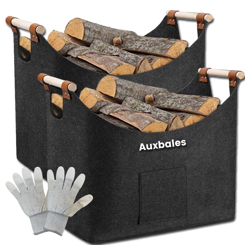 SPORWAY - Lot De 2 Paniers à Bois XXL Pliables En Feutre Épais - 65L, Poignée Bois - Pour Cheminée, Rangement - 5