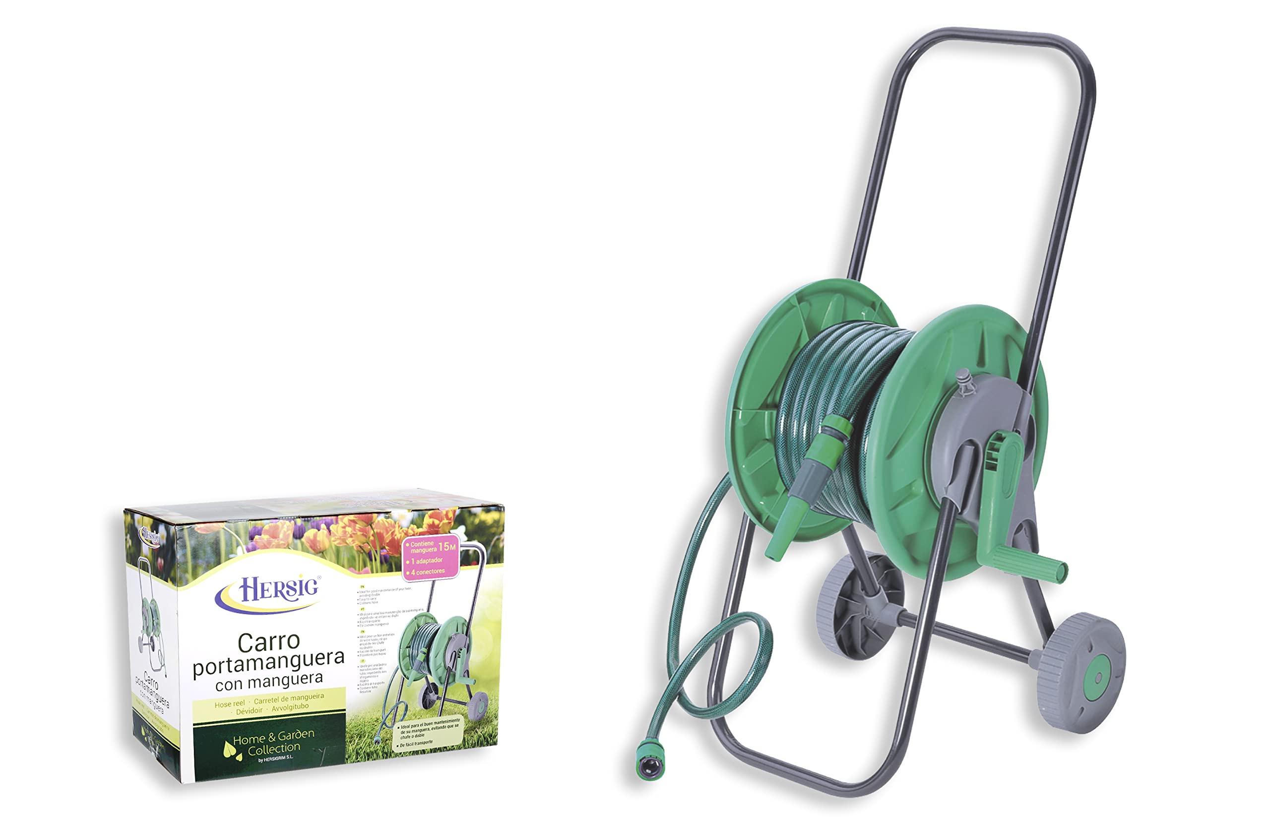 HERSIG - Carro Manguera Jardin con Ruedas - Carrete con Manguera Jardin 15m (43x45x78cm) - Enrollador Portátil para Riego, Terraza, Patio, Balcón, Fácil de Usar y Transportar