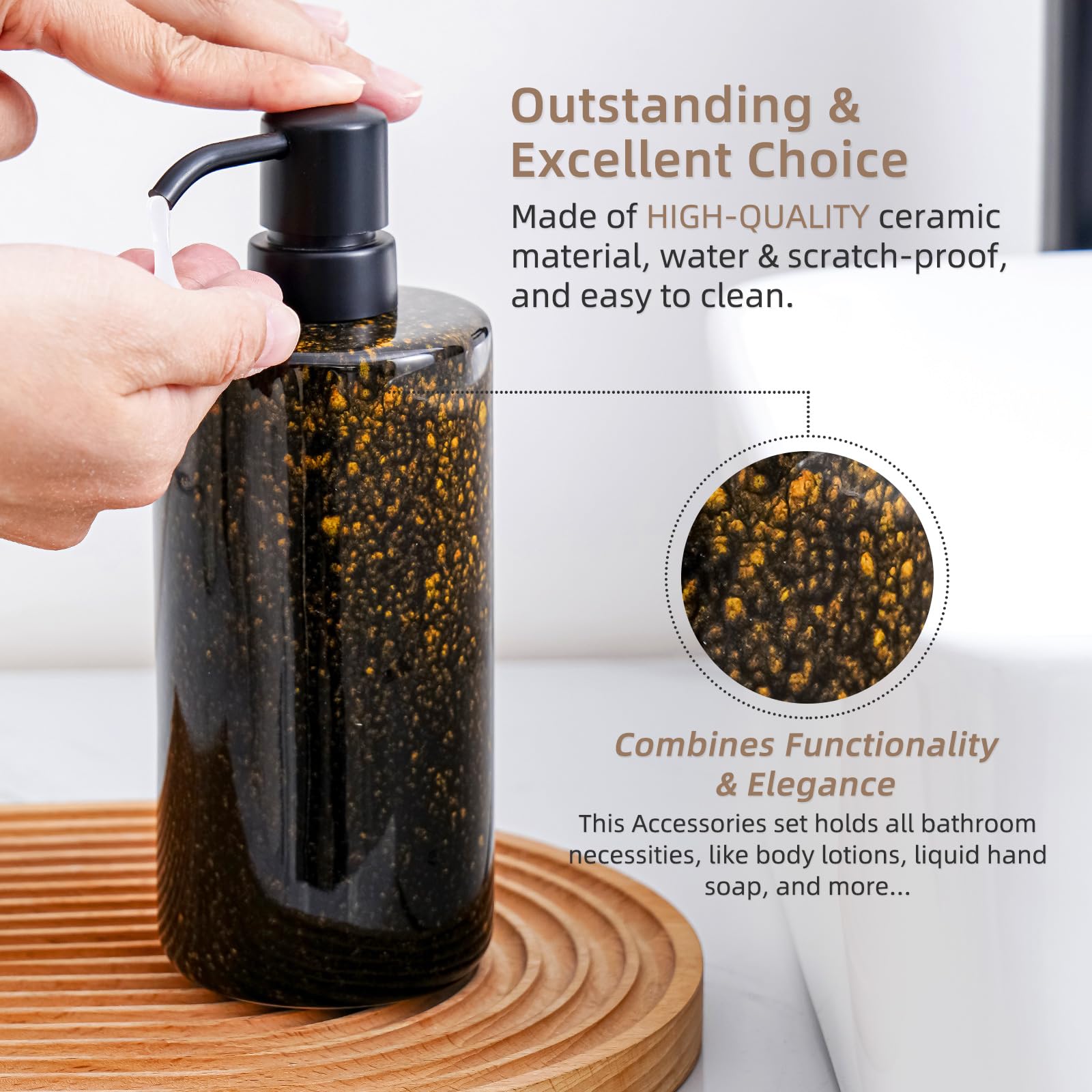 Black Bathroom Accessories Set 4 Pcs - Unique Ink-Splattered Design - Ceramic Bathroom Accessory Sets Contain Toothbrush Cup, Soap Dispenser, Soap Dish, Tumbler