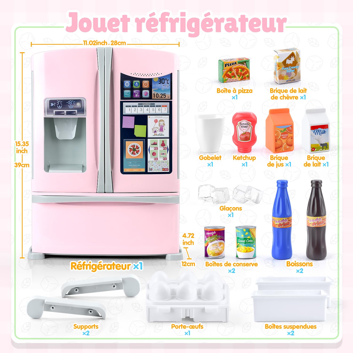 PLAY Jouet de cuisine pour enfant avec distributeur de glace, réfrigérateur pour enfant, jouet alimentaire, glaçons, gadget de cuisine pour enfants à partir de 3 ans, rose