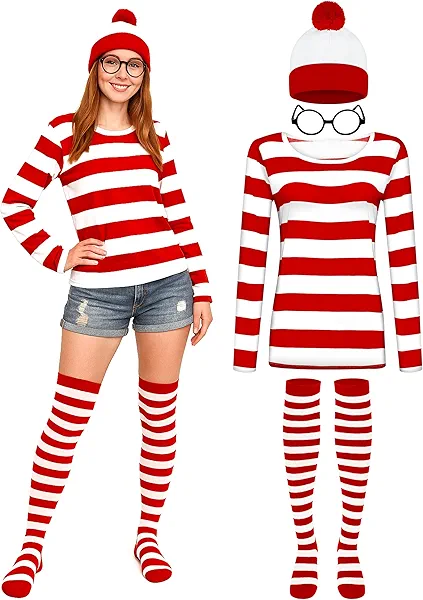 Halloween Costume Sets, Halloween Women Cosplay Red White Striped Shirt Beanie Cap Glasses Socks for Halloween Party
