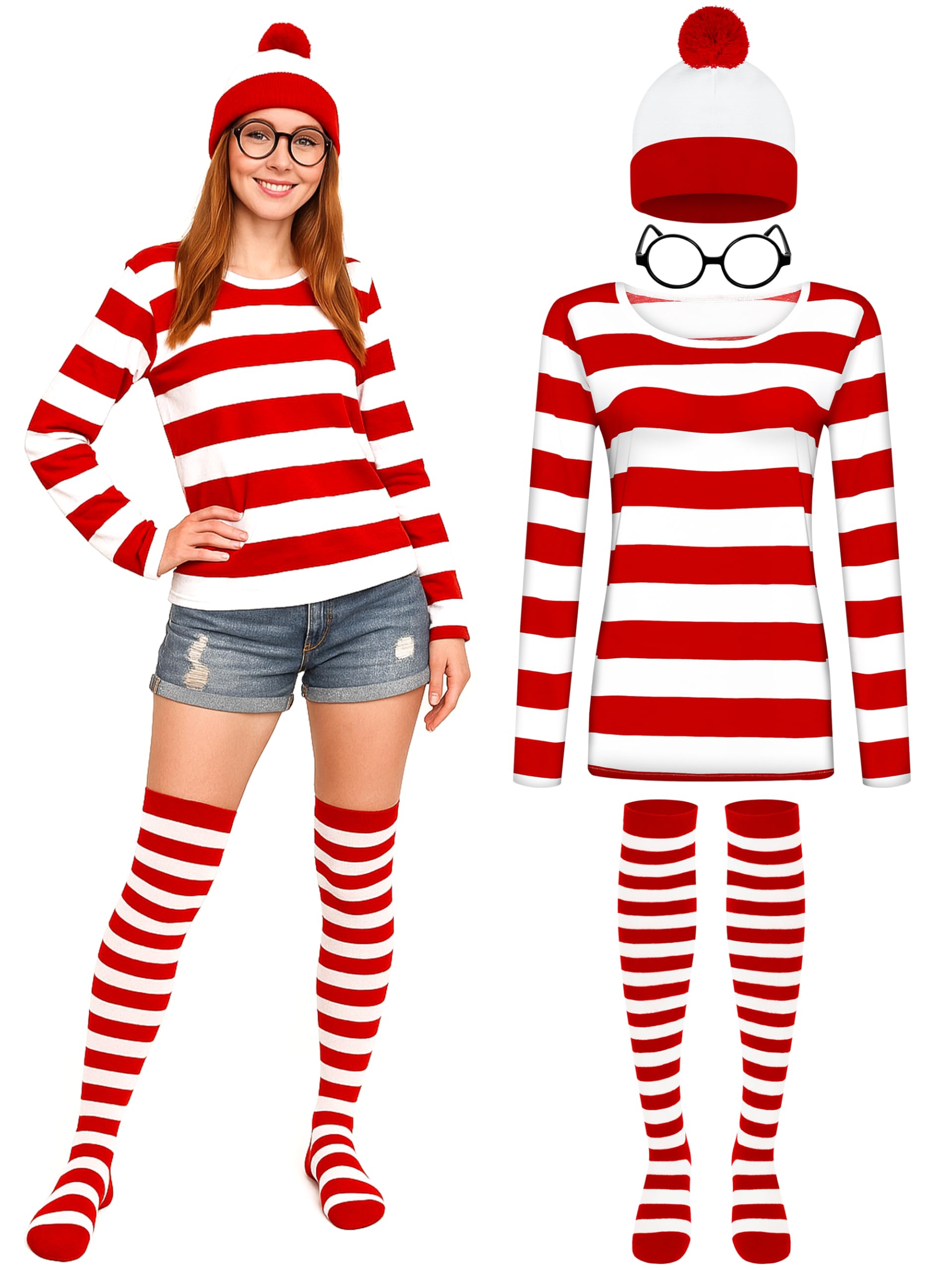 Halloween Costume Sets, Halloween Women Cosplay Red White Striped Shirt Beanie Cap Glasses Socks for Halloween Party