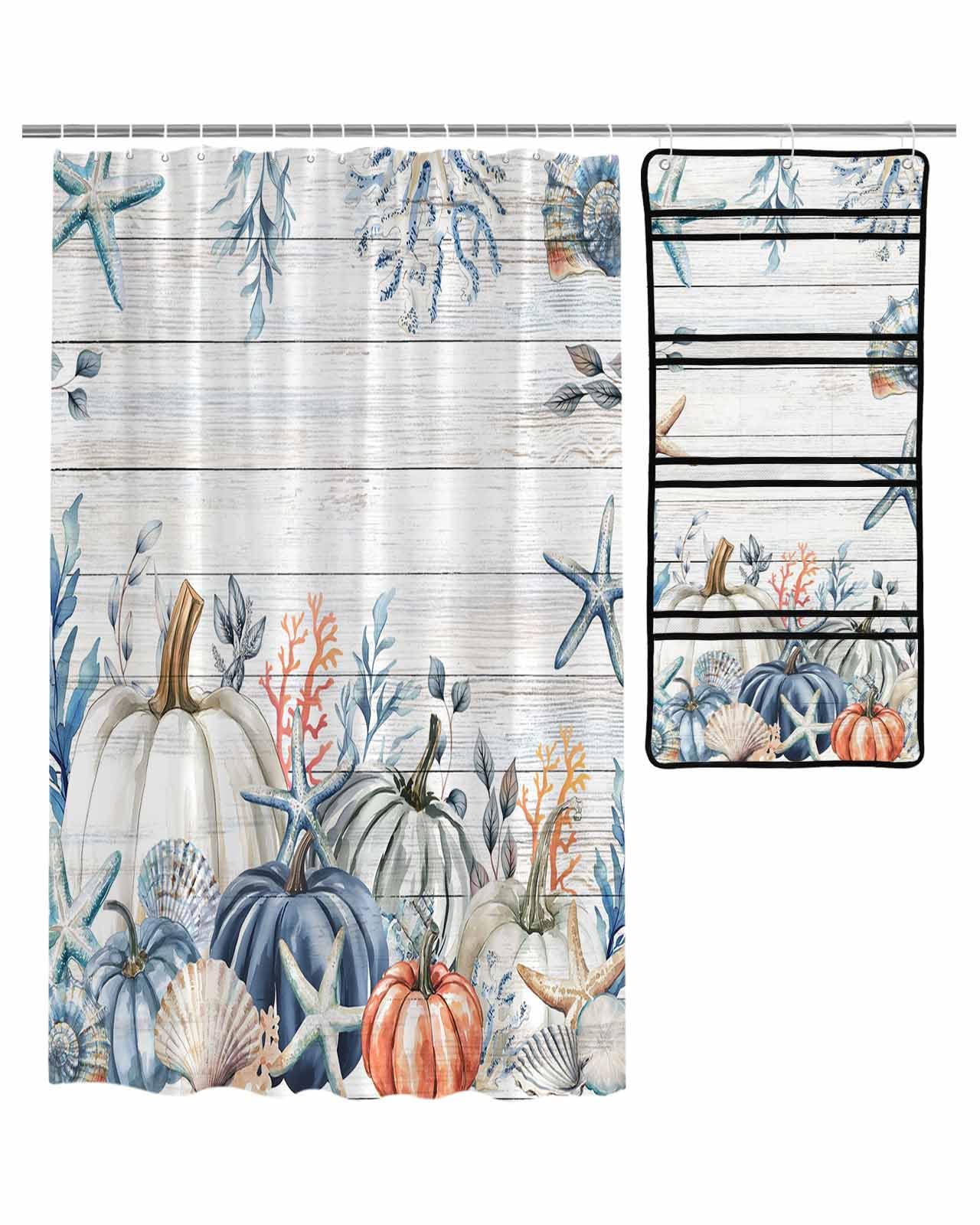 Decorative Shower Curtain Sets Thanksgiving Day Polyester Fabric Waterproof Shower Curtains Fall Pumpkin Wood Grain Light Blue Mesh