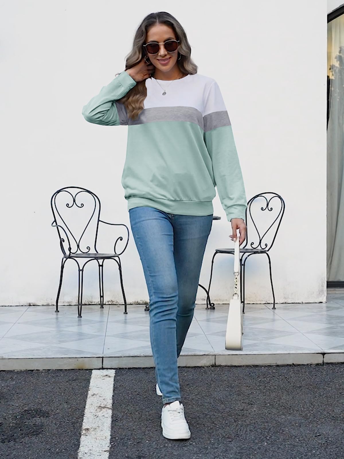 Eniloyal Sweatshirt Damen Pullover Langarmshirt ohne Kapuze Pulli Rundhals Baumwolle Sweater Oberteile mit Taschen Lässige