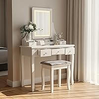 Vista 6 de BEWISHOME Tocador, Juego de tocador para niñas con espejo y luces, pequeño tocador de maquillaje con 5 cajones y taburete, mesa de tocador con 3