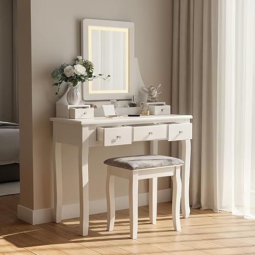Miniatura 6 de BEWISHOME Tocador, Juego de tocador para niñas con espejo y luces, pequeño tocador de maquillaje con 5 cajones y taburete, mesa de tocador con 3