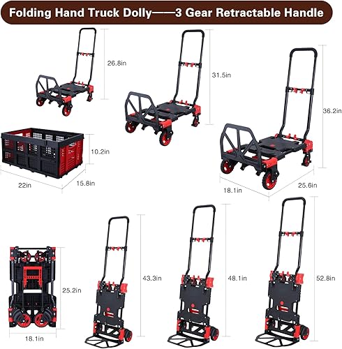 Miniatura 3 de Carro de mano 2 en 1 plegable con cesta plegable, carretilla de mano de capacidad de 330 libras, carrito de mano plegable con 4 ruedas, carrito con