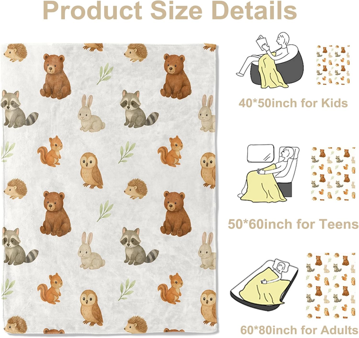 Forest Animal Throw Blanket, Lightweight Warm Bear, Raccoon, Bunny, Owl, and Hedgehog Flannel Blanket, Home Decor and Gifts, Soft Cozy Blankets for Women Kids Boys Girls, 50"x60" for Bed Couch Travel