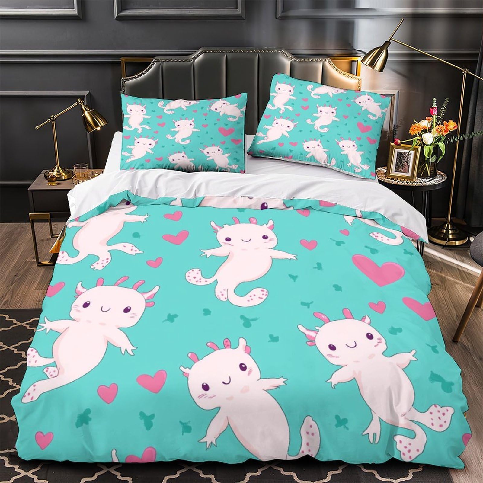 Housse de couette axolotl 3D drap de couette microfibre lavable machine ado adulte 200x200cm