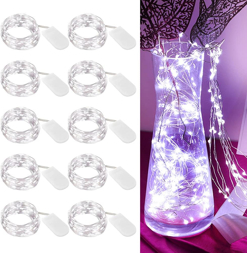 LIIDA [10-Pack] LED String Lights, 6.6FT LED Moon Lights 20 Led Micro Lights On Silver Copper Wire (Batteries Include) for DIY Wedding Centerpiece, Table Decoration, Party (Cool White)