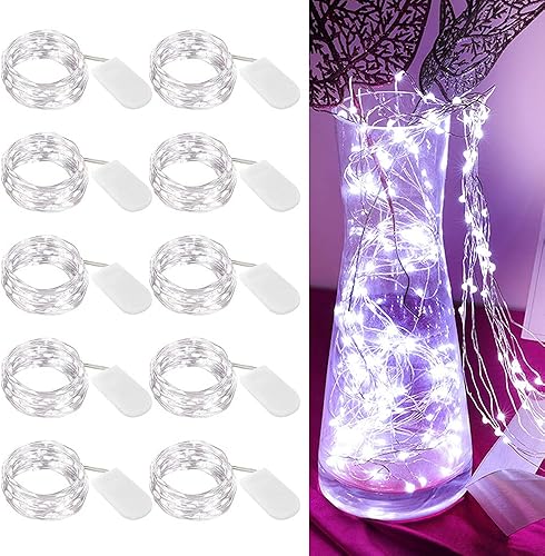 LIIDA Paquete de 10 tiras de luces LED, luces LED de luna de 6.6 pies, 20 micro luces LED en alambre de cobre plateado (pilas incluidas) para centro
