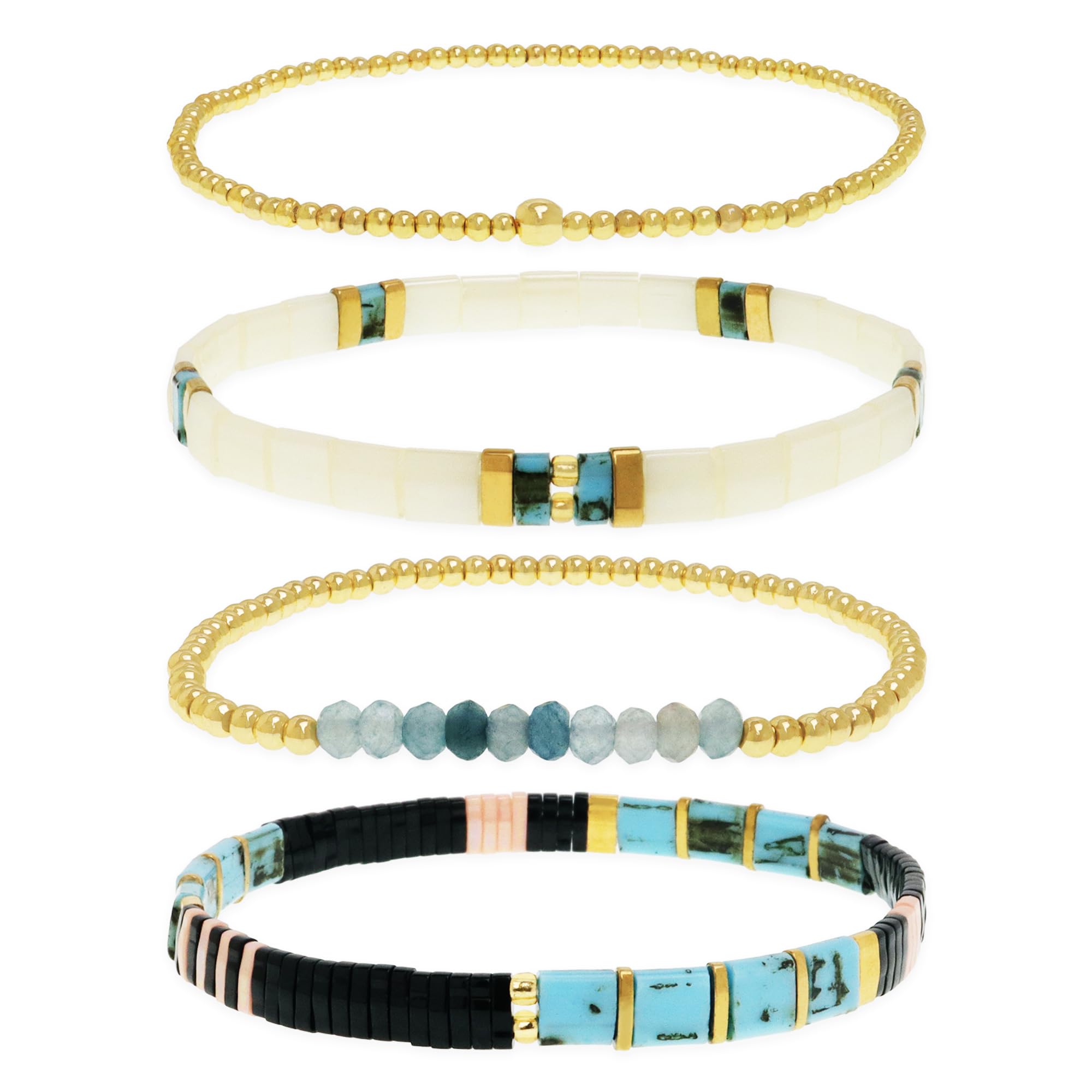 BXDA Tila Flat Gold Beaded Bracelets Stack Set for Women, Boho Colorful Handmade Gemstone Glass Beads Stretch Festive Holiday Accessories Jewelry Gift