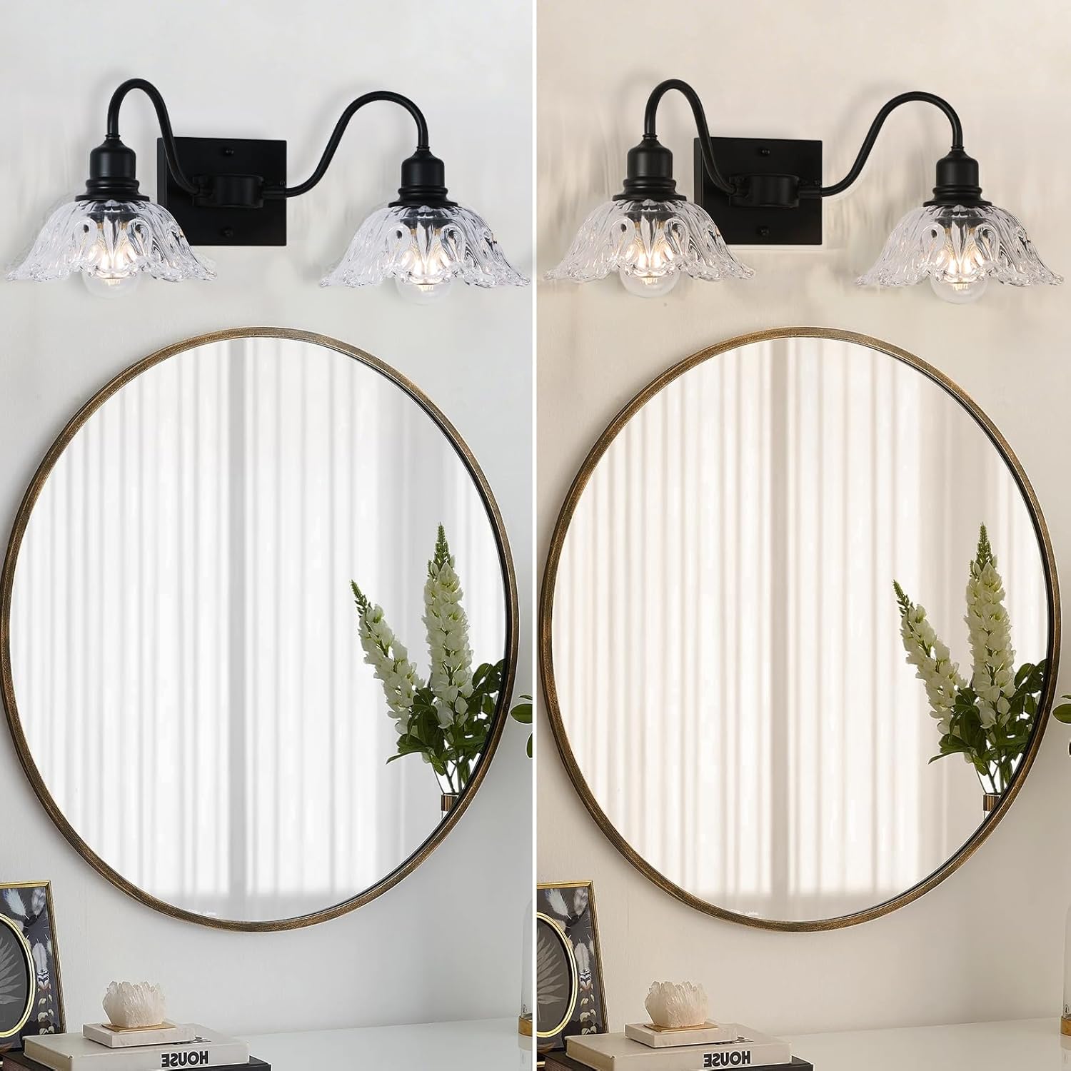 Farmhouse Bathroom Light Fixtures, 2-Light Vanity Light Fixtures with Clear Glass, Modern Wall Sconce for Bathroom Bedroom Hallway Kitchen, Black