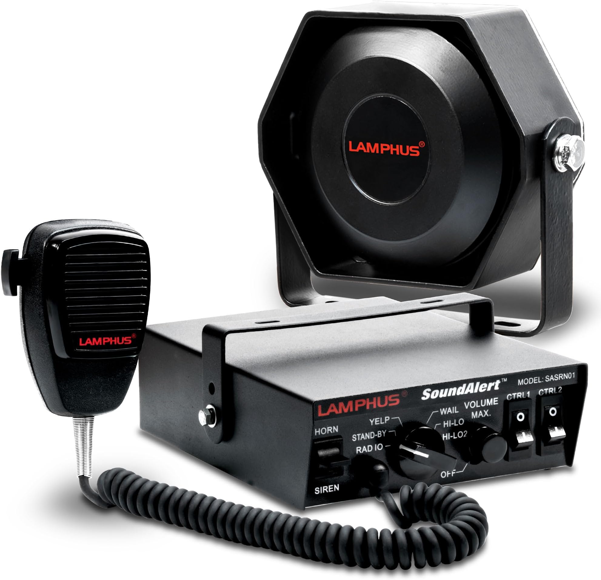 SoundAlert 12V 100W Police Siren PA System [Slim Speaker] [118-124dB] [Handheld Microphone] [Hands-Free] [2 x 20A Switches] Warning Emergency Siren for Vehicles Truck UTV ATV Car POV