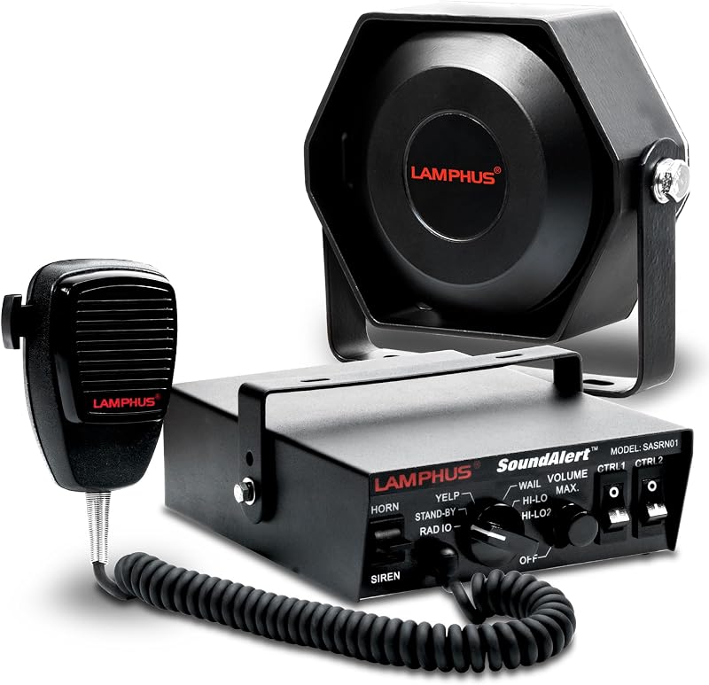 LAMPHUS SoundAlert 100W Kit de sistema PA de emergencia con sirena de policía para camión y auto | parlante delgado de 12V, 100W, 118-124dB, micrófono de mano, kit de sirena de advertencia para bomberos, camión de bomberos, POV, UTV, carrito de golf, barco