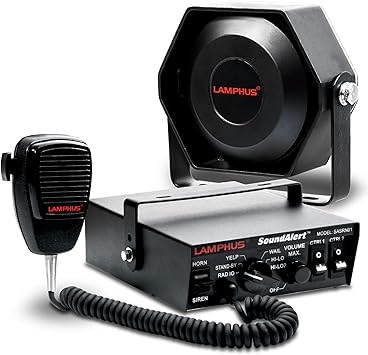 LAMPHUS SoundAlert 12V 100W Police Siren PA System Kit [Slim Speaker] [118-124dB] [Handheld Microphone] [Hands-Free] Warning Emergency Siren for Vehicles Tow Truck UTV ATV Van Car POV RV