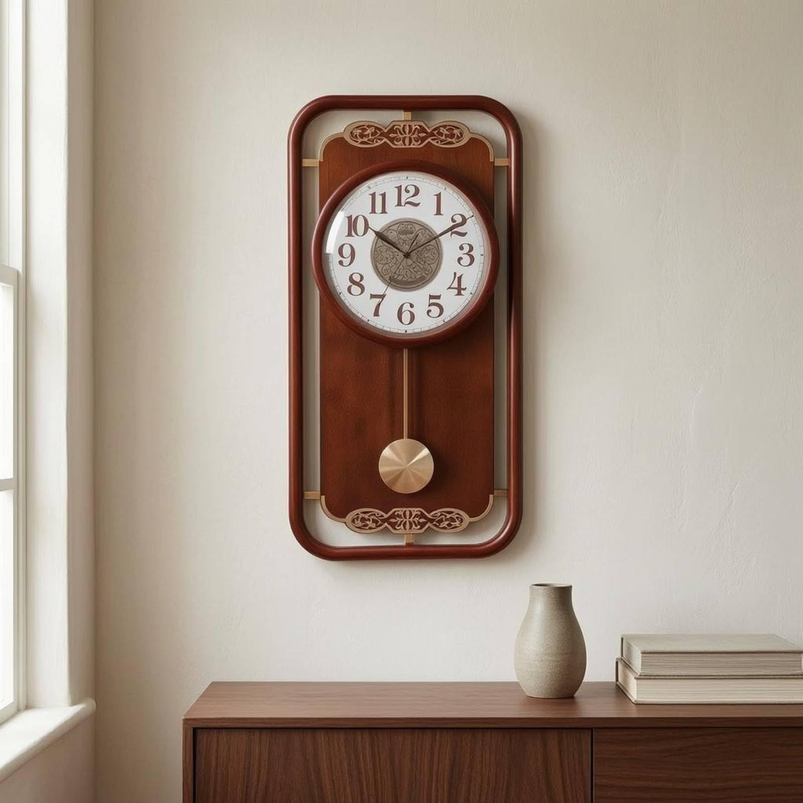 Baoblaze Reloj de Pared Silencioso Reloj Colgante Rectangular Madera Vidrio Claro Diseño Esquinas Redondeadas Patrón Central, Reloj De Pared De Madera Maciza Jinzhongbao Modelo con Campanadas
