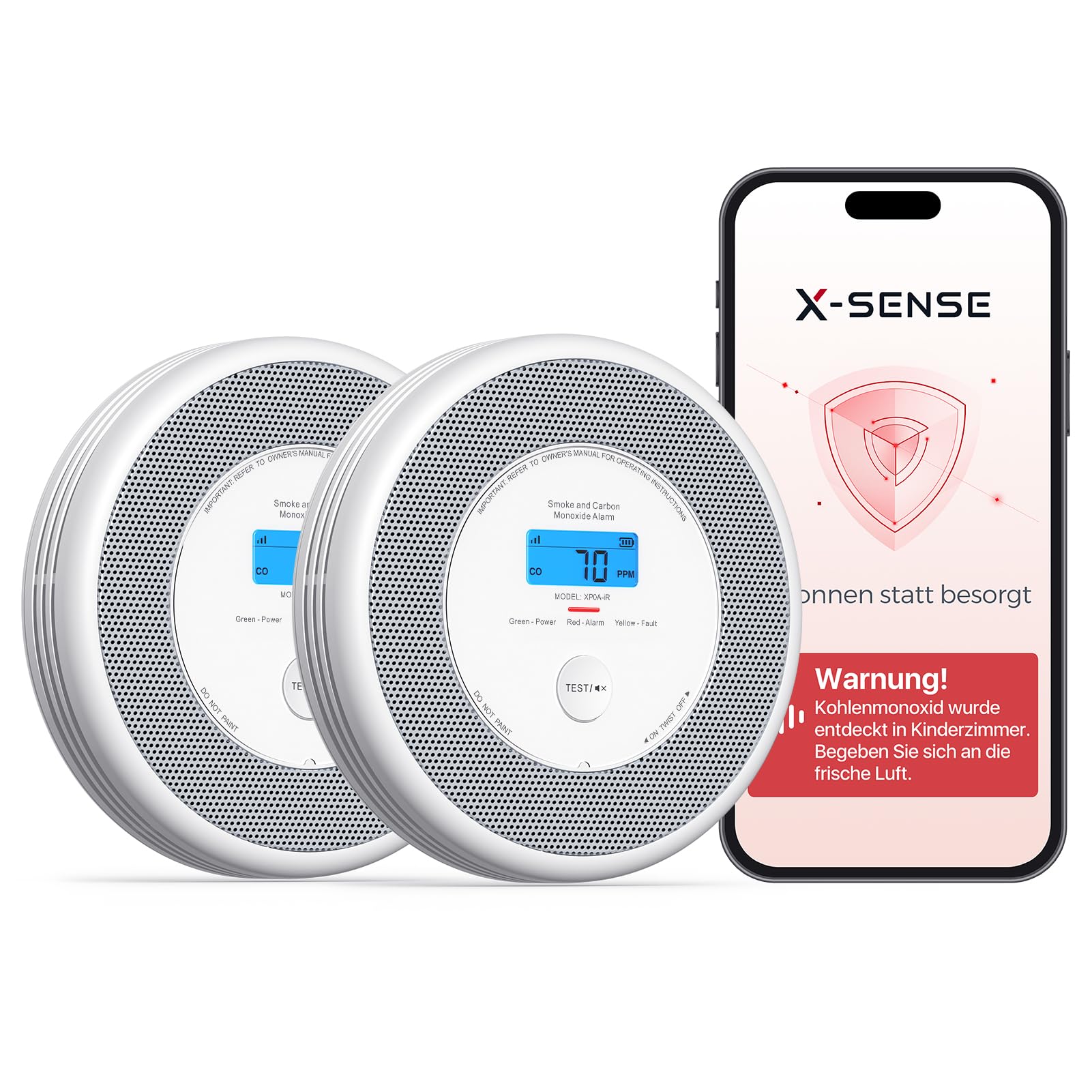 X-Sense X-Sense Wi-Fi Combination Smoke and Carbon Monoxide Alarm with English Voice Alerts, Smart Smoke Alarm for Home with Replaceable Battery, XP0A-iR, 2-Pack