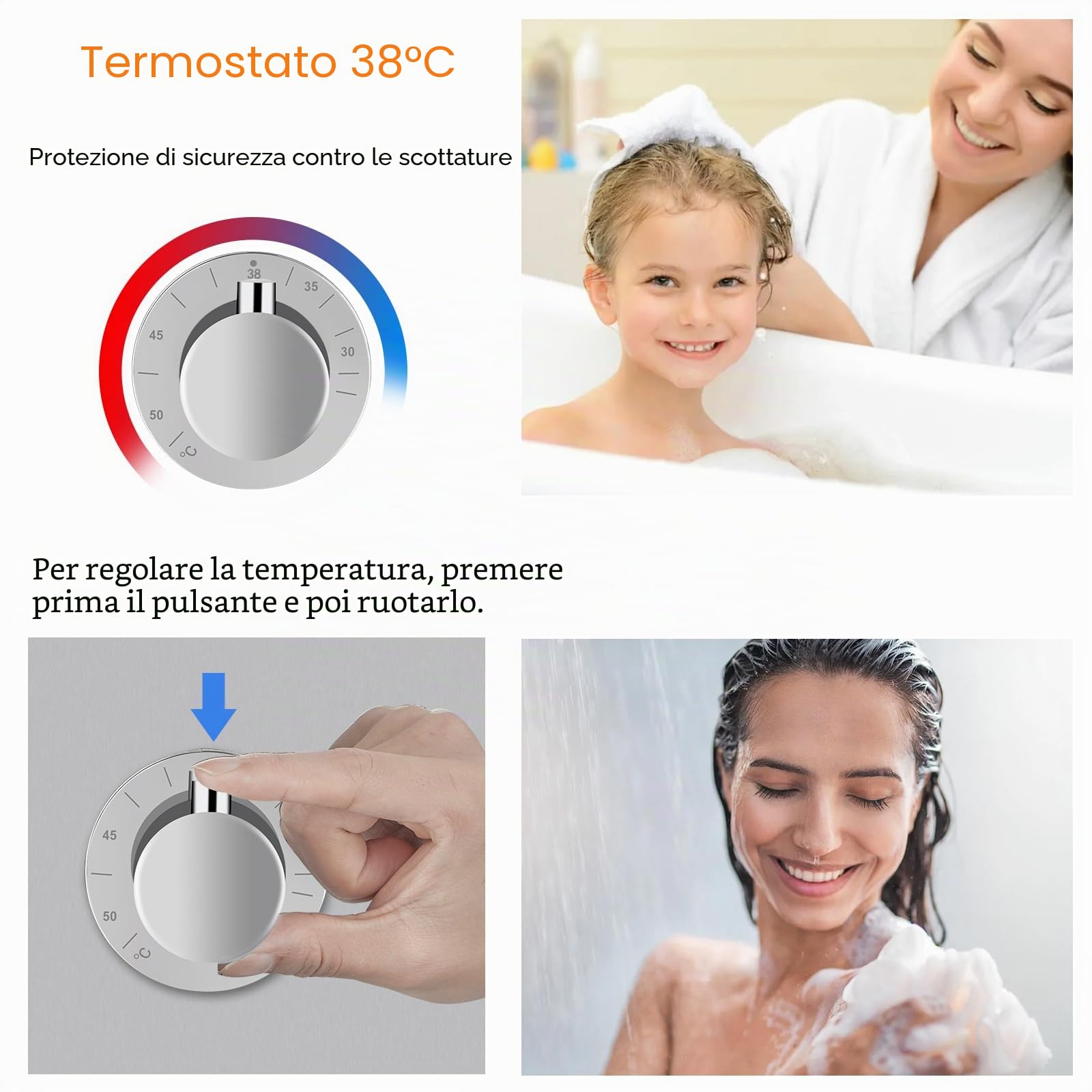 Sistema di pannello LED doccia termostatica miscelatore 6 funzioni, colonna pioggia e nebbia, 4 getti di massaggio, doccetta e beccuccio per vasca
