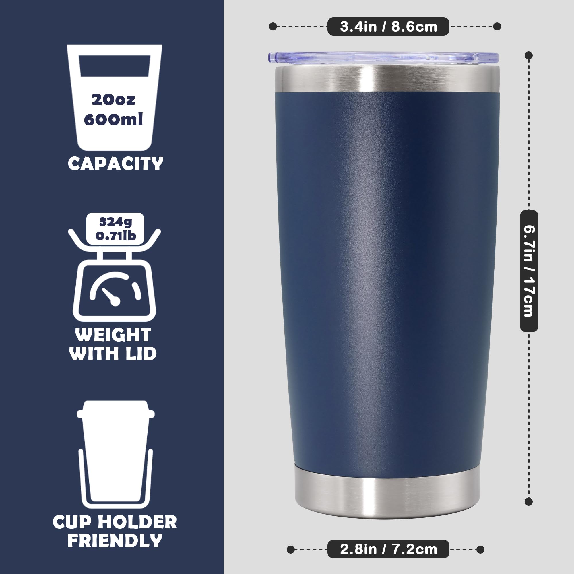 567 g Tumbler Edelstahl Tumbler Kaffeebecher mit Deckel Navy 8P | Vakuumisolierter doppelwandiger Reisebecher, langlebig, pulverbeschichtet, für heiße und kalte Getränke