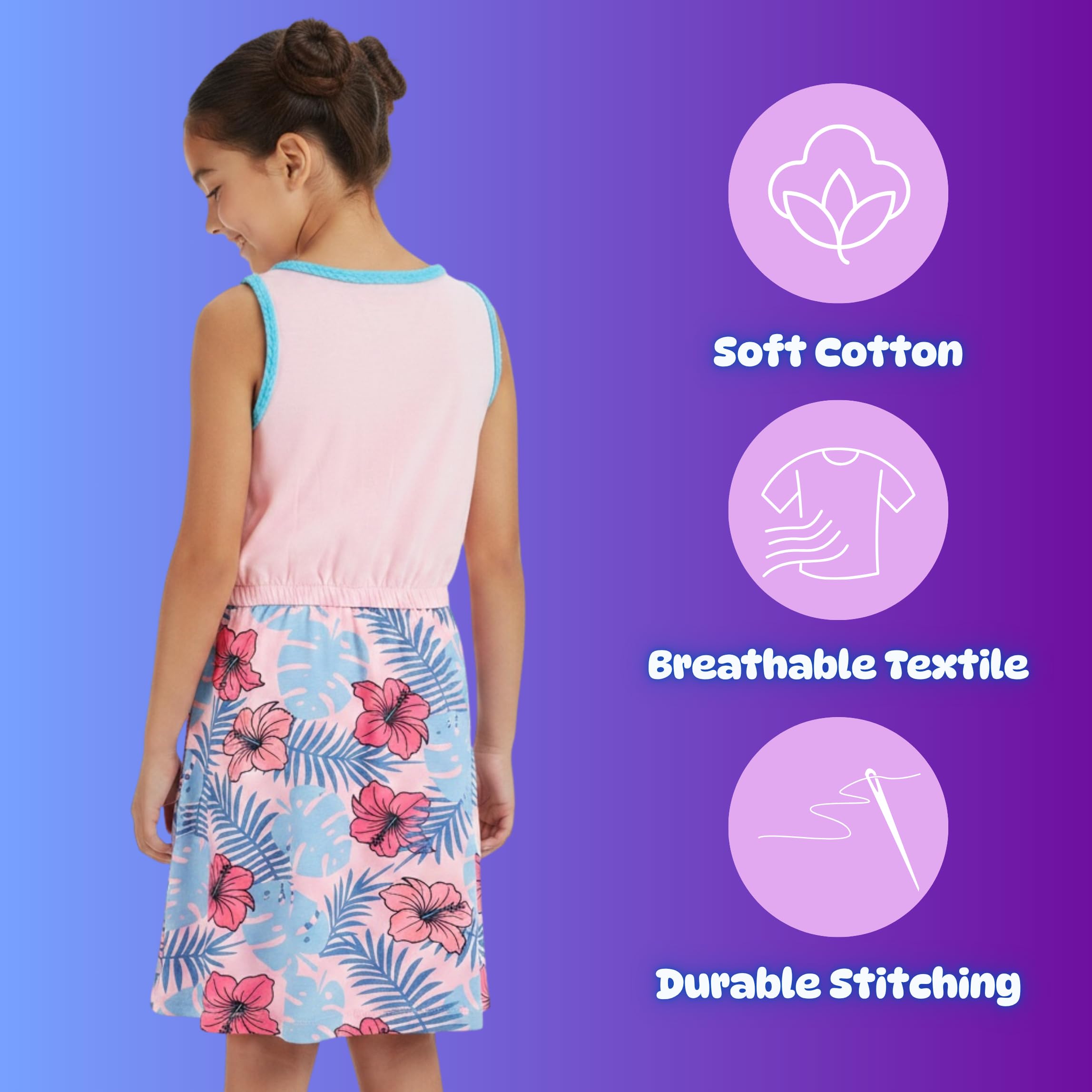 Disney Stitch Vestido para Niña Algodon Suave Tropical Manga Corta Tallas 3-8 Años