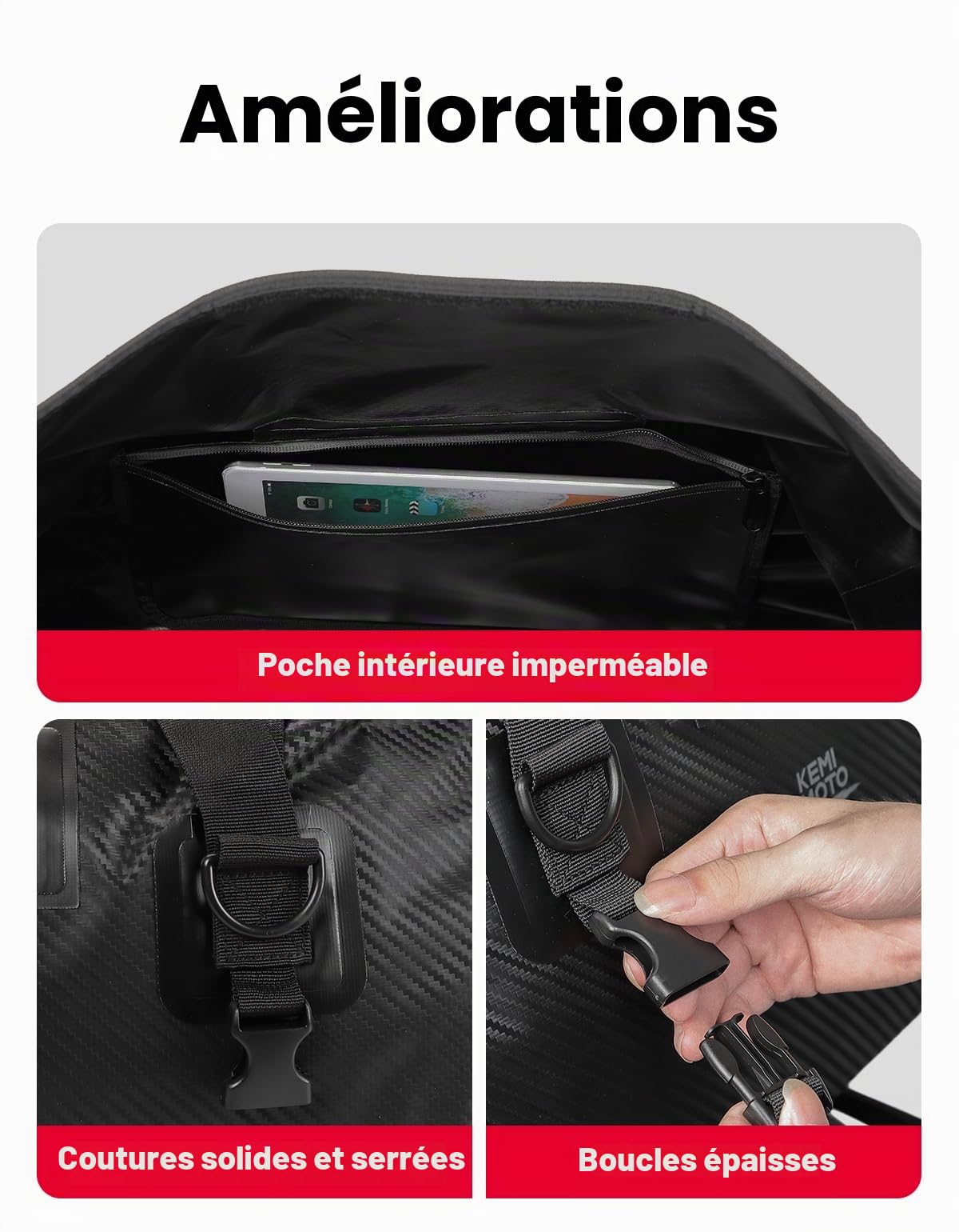 KEMIMOTO Sac Moto Étanche IPX6, 65L Sacoche Arrière Moto Grande Capacité avec Bandoulière Amovible, Sac de Voyage Réfléchissant avec 4 Sangles Rapides, Idéal pour Tourisme Camping Bateau, Noir