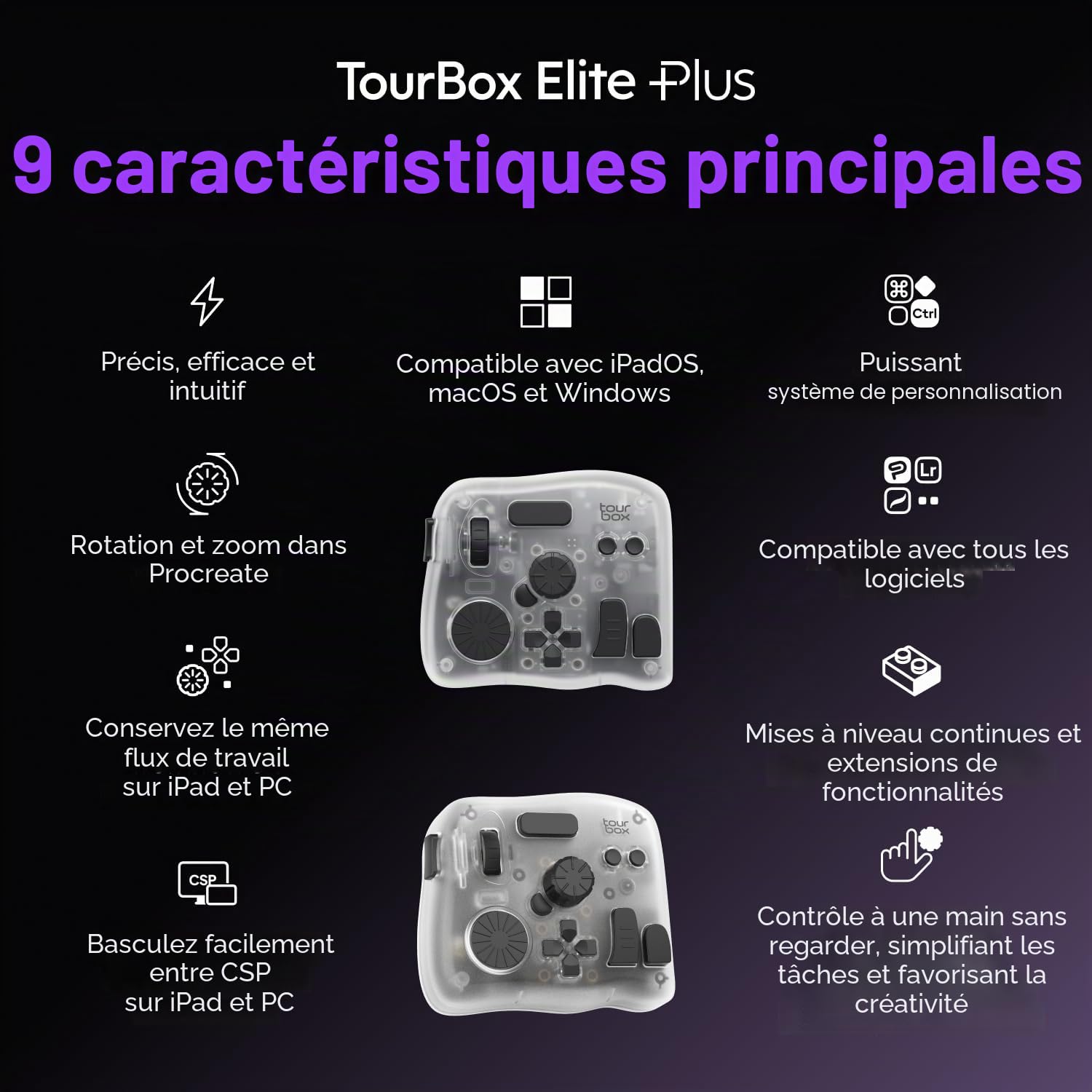 TOUR BOX Elite Plus - Dessin iPad, Contrôleur de Montage Vidéo Montage Photo, Clavier Tablettes Graphique, Creative Console pour Procreate Lightroom Photoshop Davinci, Compatible avec Windows, Mac