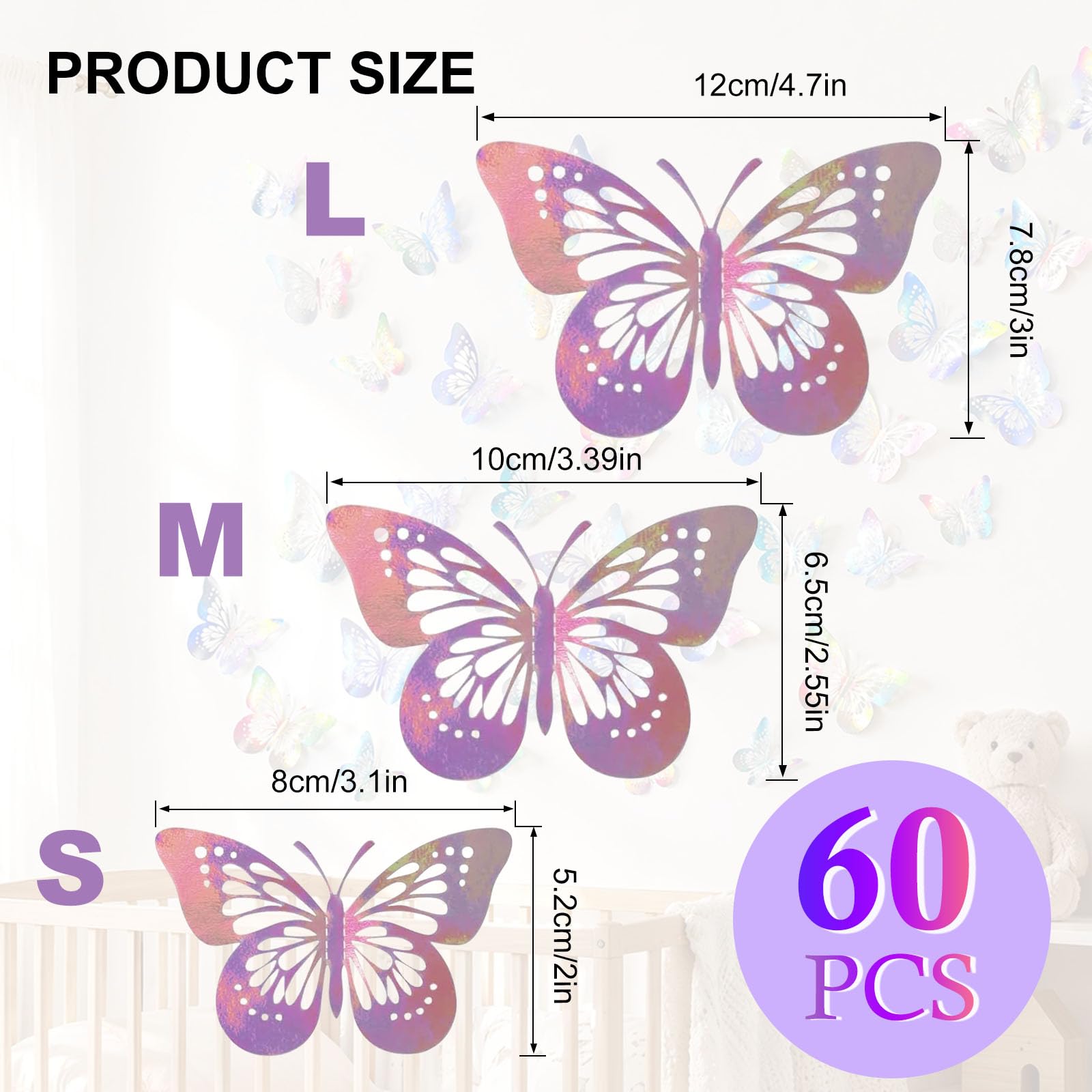 FYSL 60 Stück 3D Schmetterlinge Wandaufkleber - Selbstklebende Schmetterlingsdeko für Wohnzimmer, Schlafzimmer, Babyzimmer - Wandtattoos mit 3D-Effekt