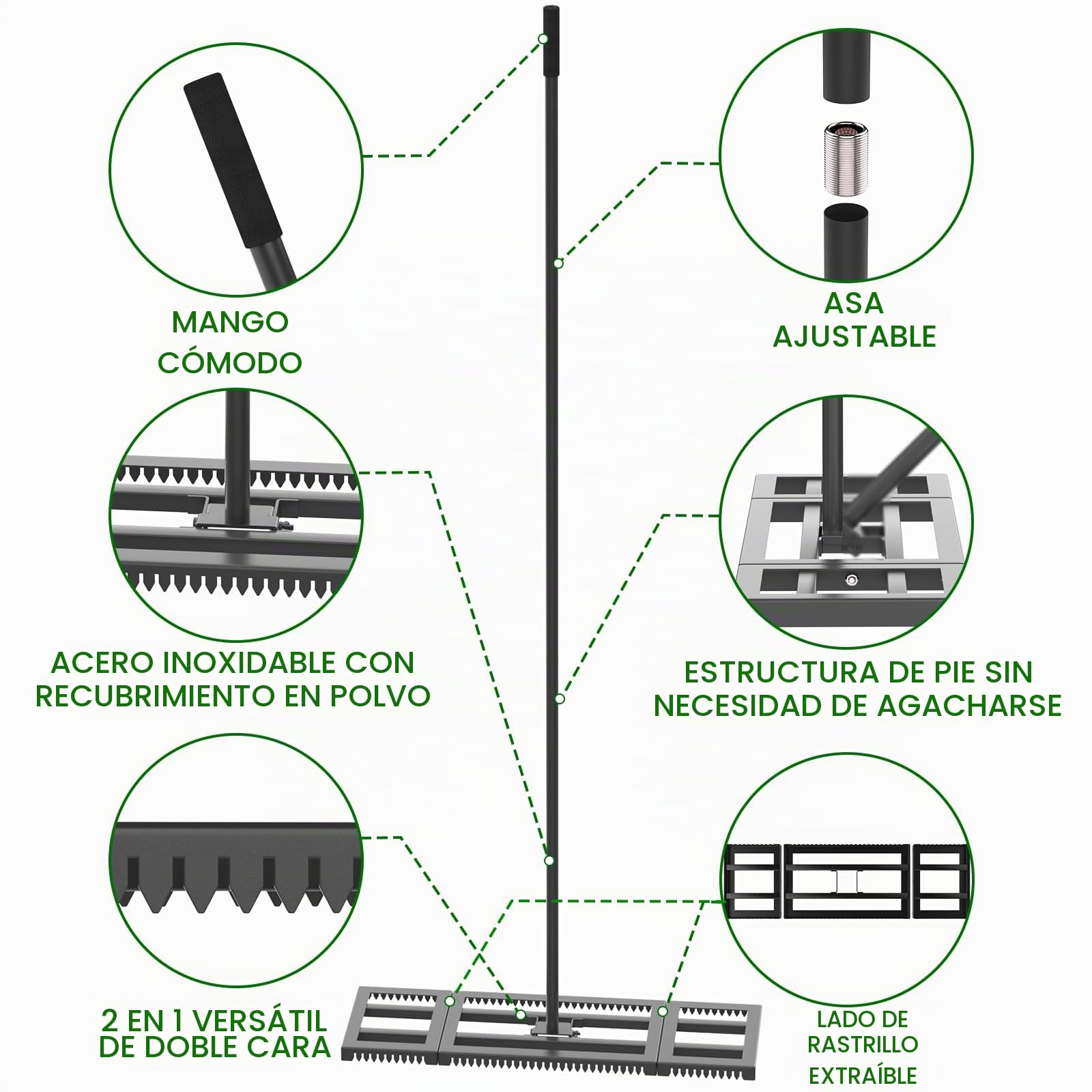 Housolution Rastrillo Nivelador de Césped 32"x10" | Borde Dentado & Placa Lisa, Acero Inoxidable Resistente, Mango Ajustable 72", para Suelo/Tierra/Composta/Césped Muerto/Grava