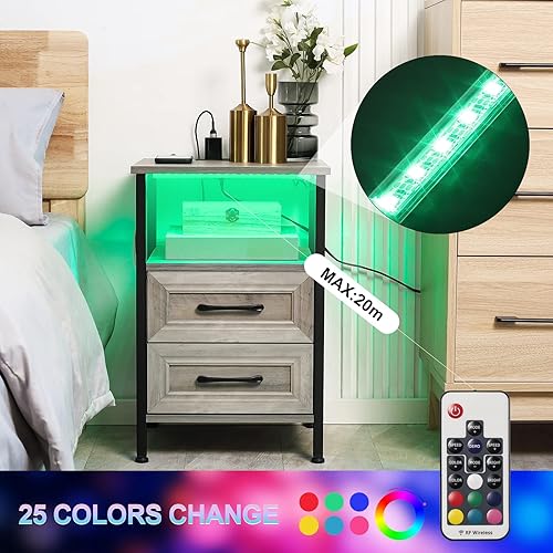 Miniatura 4 de HOSEOKA Juego de 2 mesitas de noche, mesita de noche con estación de carga y luces RGB, 2 cajones con puertos USB y tomas, mesa auxiliar industrial