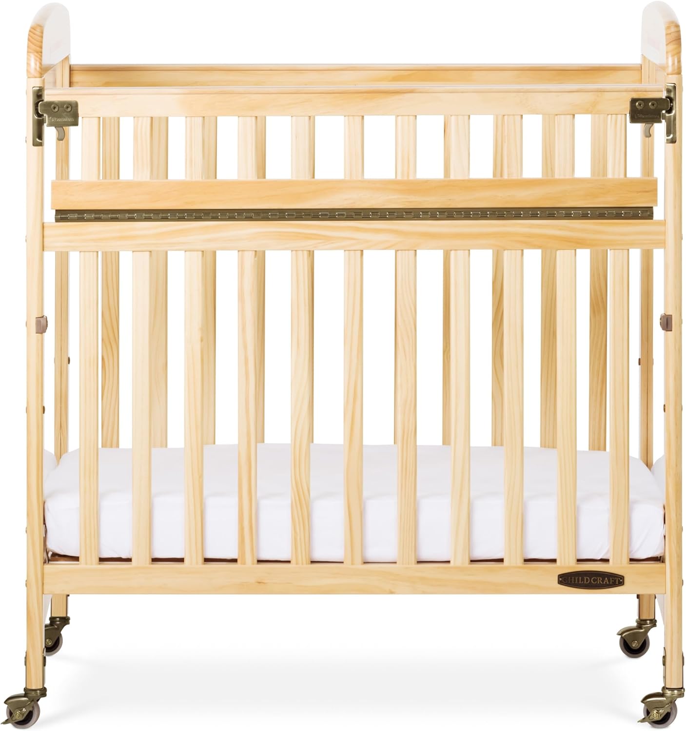 Child Craft Avery SafeAccess Wooden Compact Portable Crib, Features 2 Easy Roll Locking Wheels, Durable Wood Construction, Fits Through Doorways (Natural)