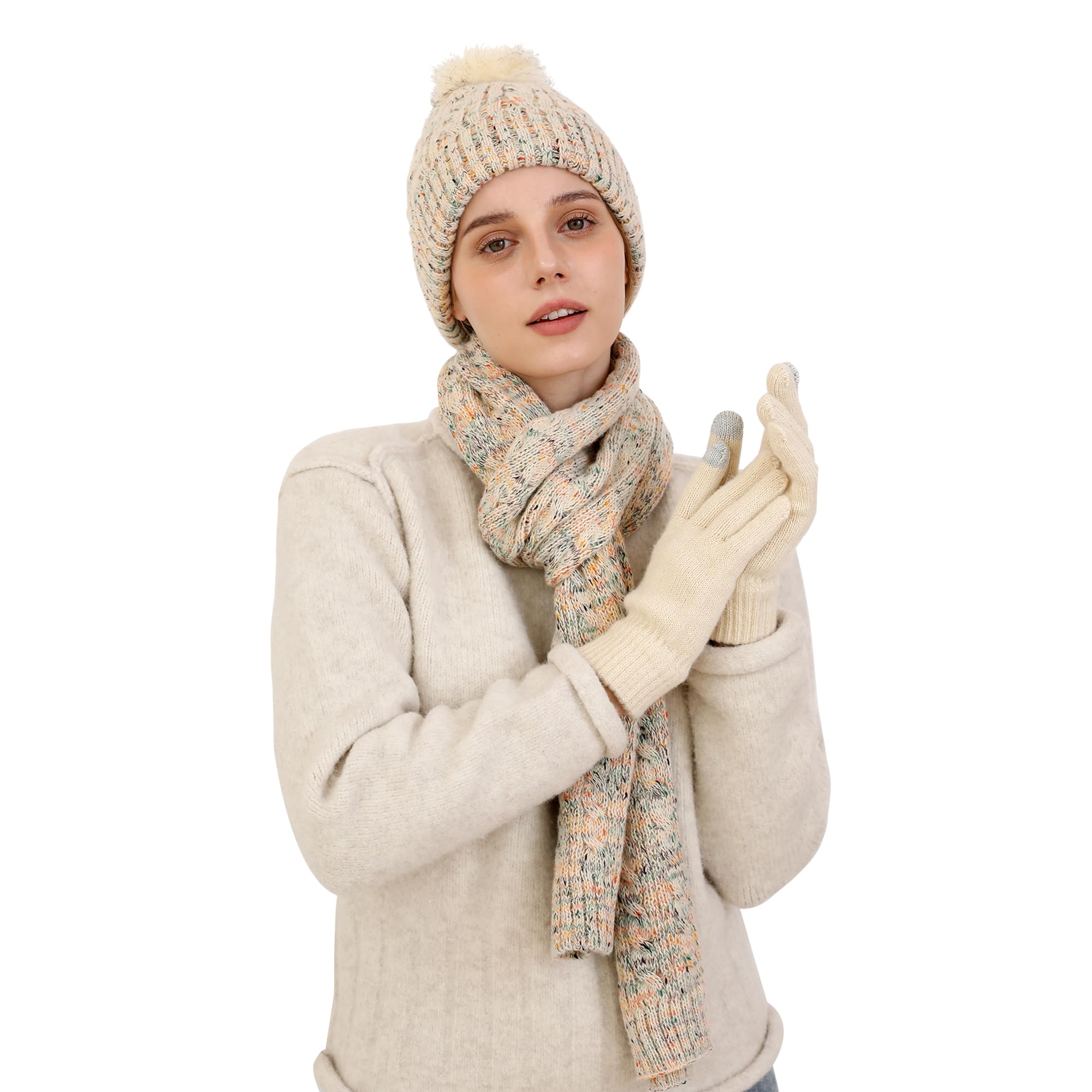 Double Couple3pcs Winter Woven Scarf and hat and Touch Screen Gloves Set for Women Knit Hat with Faux Fur Ball Scarves Glove