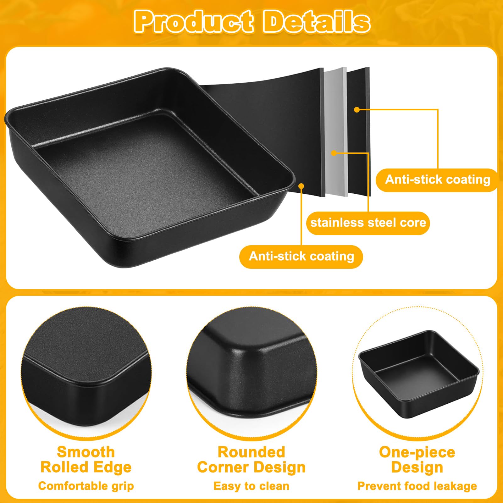 2 Pièces Plats Gratin Carrés avec Revêtement Antiadhésif, Moule Gâteau Acier Inoxydable 16 cm, Plat Four Carré Sains & Faciles Nettoyer, Plaque Rôtir pour Lasagnes, Brownie, Sain & Gâteaux