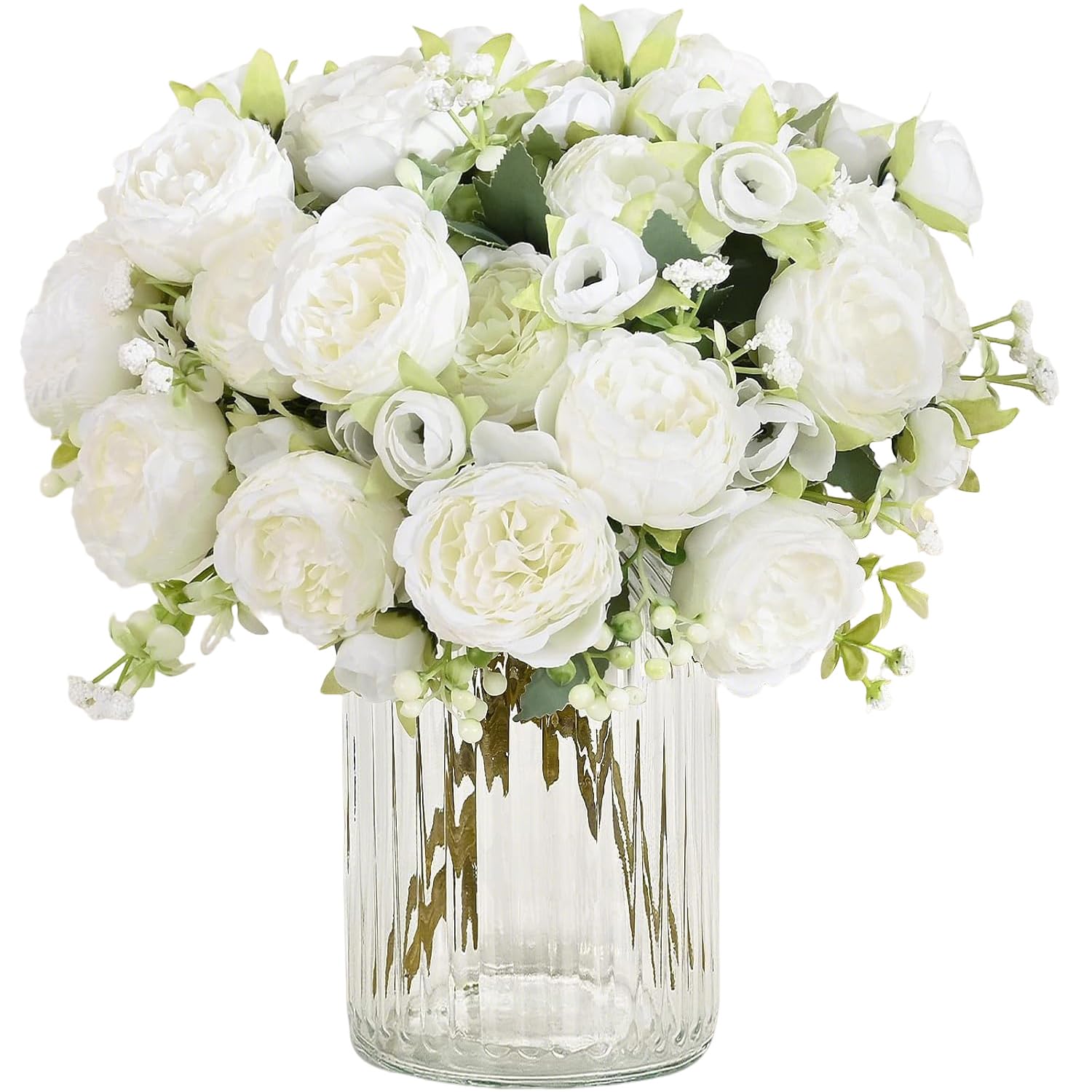 Hyklaner 2 Bunches Peonies Artificial Flowers, Mixed Pink Artificial Peonies, Silk Peonies Flowers Bouquet for Centerpiece Table Wedding Party Home Decor (White) โ image 1