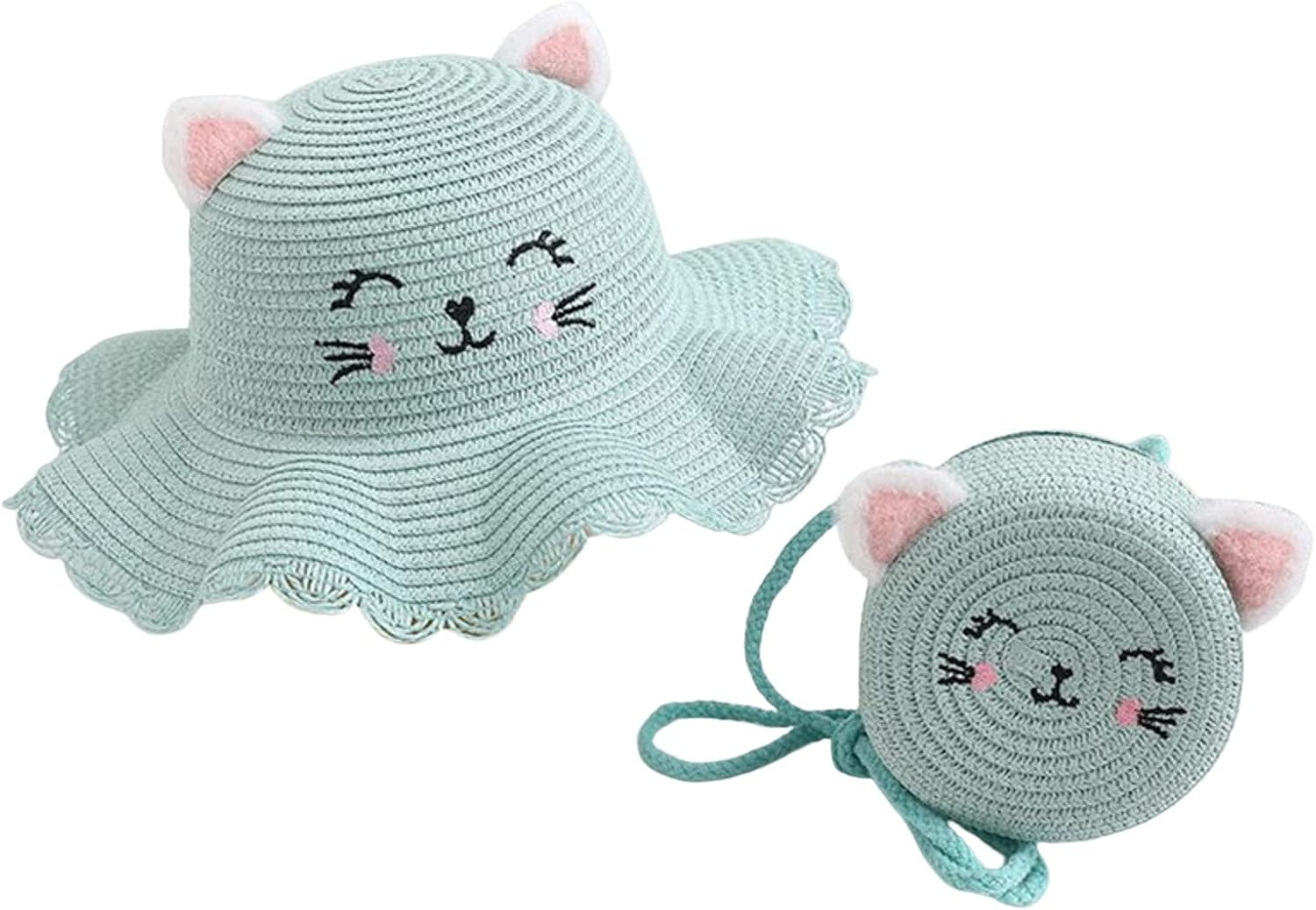 Girls Straw Sun Hat Purse Set Cute Graphic Ruffle Trim Sun Protection Hats Summer Lightweight Adjustable Wide Brim