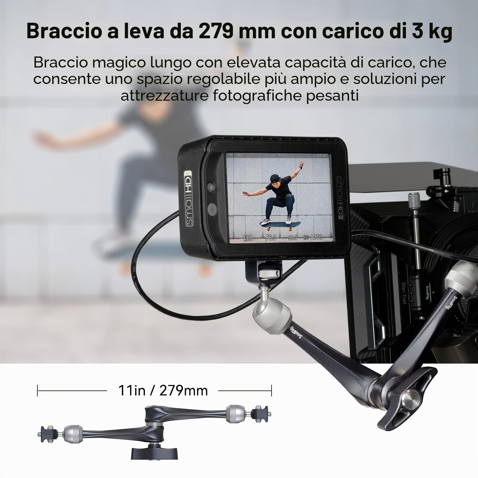 SMALLRIG Rosette Magic Arm 11 Pollici con Testa a Sfera, Viti da 1/4"-20 e Perni Anti-torsione, Capacità di Carico Massima 3 kg per Monitor/Luci LED/Smartphone/Fotocamere d'Zione - 3959