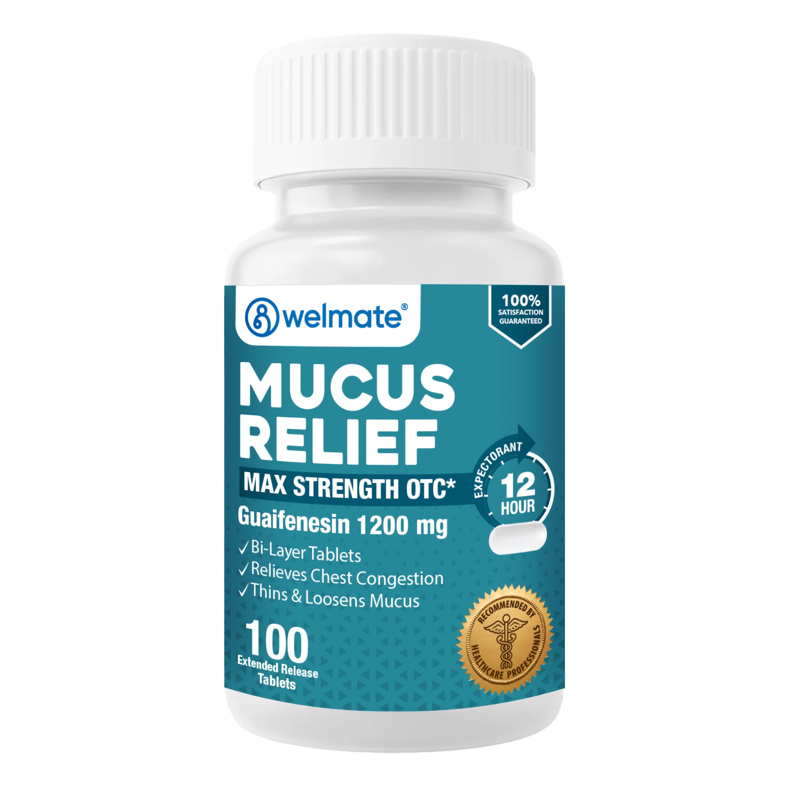 WELMATE Guaifenesin 1200 mg Mucus Relief, Maximum Strength, 100 Count