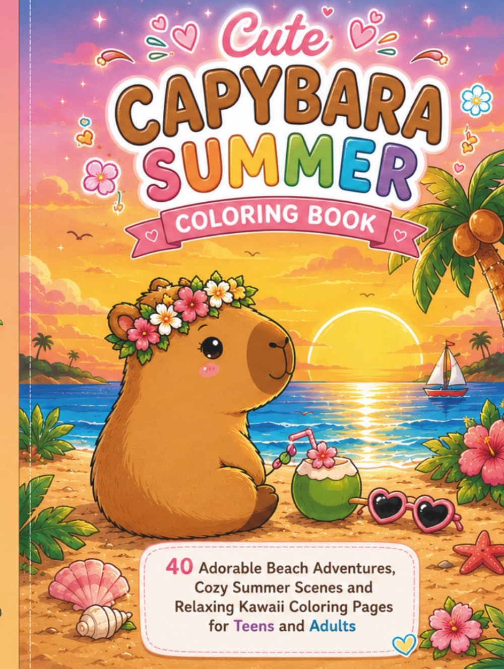 Cute Capybara Summer Coloring Book: 40 Adorable Beach Adventures, Cozy Summer Scenes and Relaxing Kawaii Coloring Pages for Teens and Adults