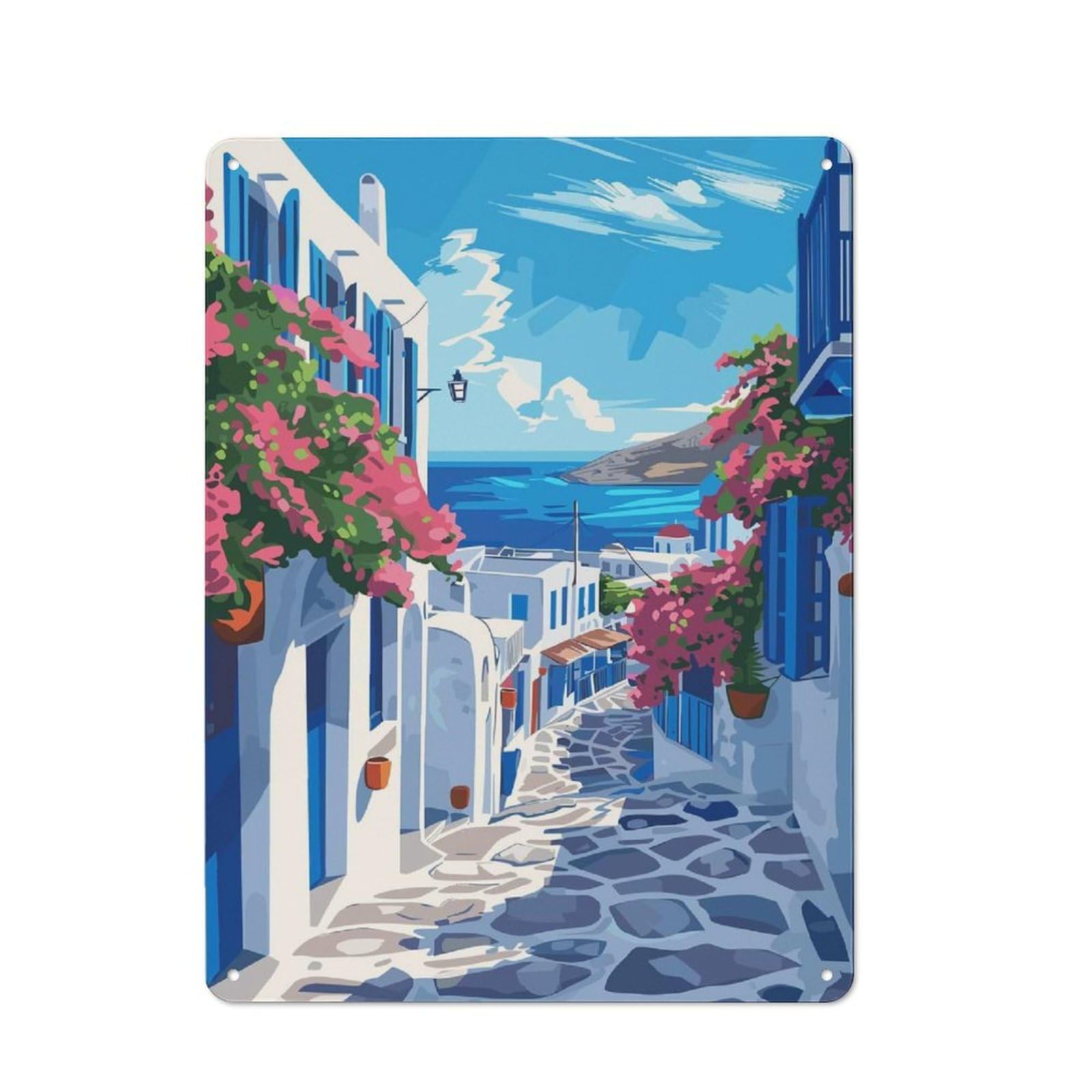 Junmoney Style-20 Greek Island Illustration Retro Tin Sign 40X30cm For Café Or Restaurant, Housewarming Wall Decor For People Furnishing Café And Restaurant