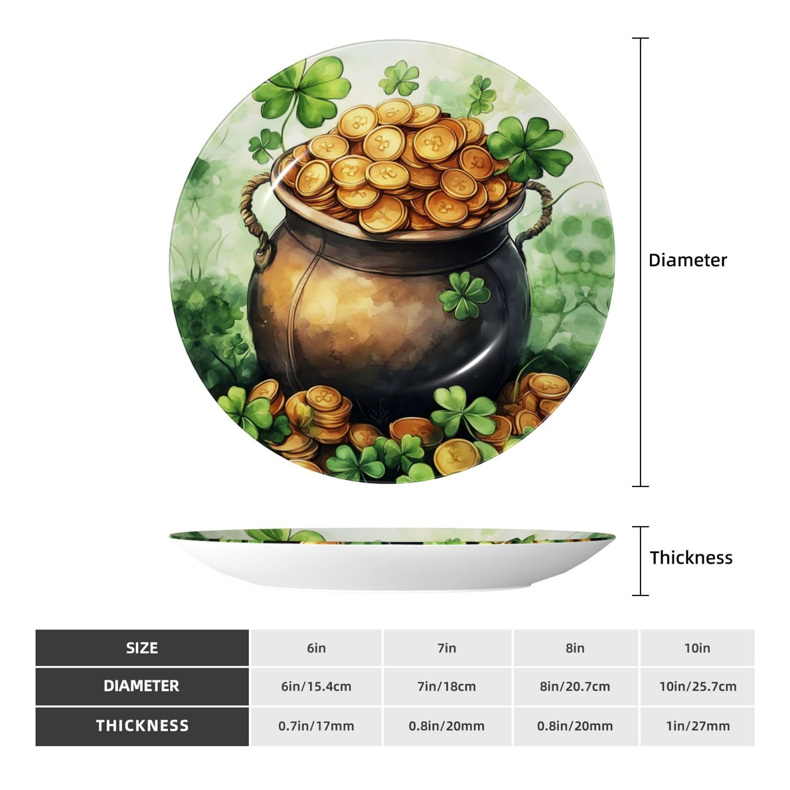 YZILDP St. Patrick's Day Ceramic Plate with Display Stand,8in,Lucky Shamrock Decorative Plates Irish Themed Wall Hanging Ceramic Craft Decor for Kitchen Dining Room Home