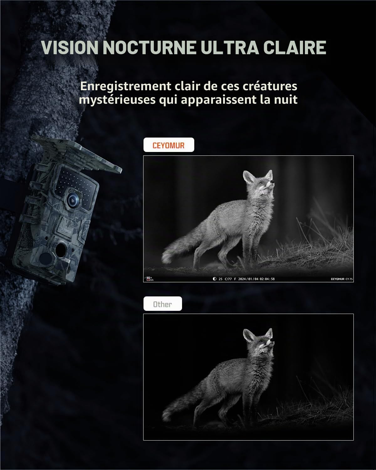 CEYOMUR Camera de Chasse Solaire 4K 30fps, WiFi Bluetooth 64MP Caméra de Chasse, Angle de détection 120° Vision Nocturne IP66 étanche pour Surveillance des Animaux Sauvages avec Carte SD 32GB