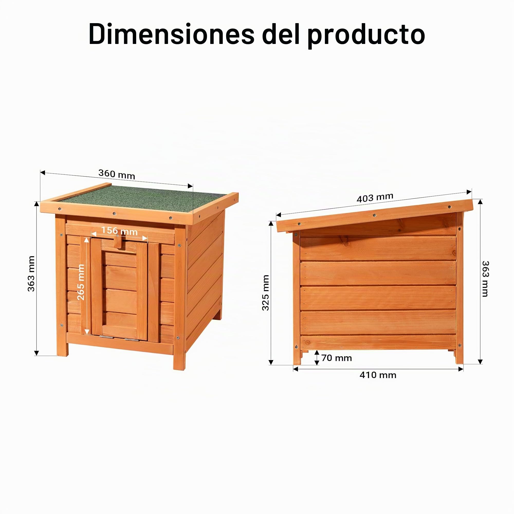 Wiltec Caseta para Gatos 420 x 515 x 430 mm de Madera de Abeto casa para Mascotas con tejado abatible Sellado con betún Refugio para jardín o balcón