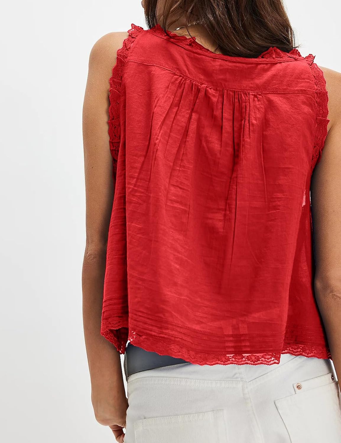 ROJZR Women Lace Tie Front Trim Tank Top Beach Sheer Ruffle Flowy Crop Y2K Button Down Boho Eyelet Summer Cami Shirts - Image 4