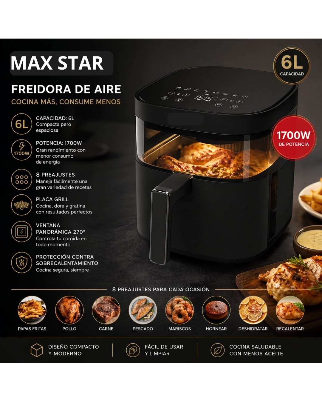 Freidora de Aire 6 Litros 1700W - Digital con Panel Táctil - Tecnología 360° - Temperatura Ajustable 80°-200°C - Temporizador 60 Min - Cocina Rápida